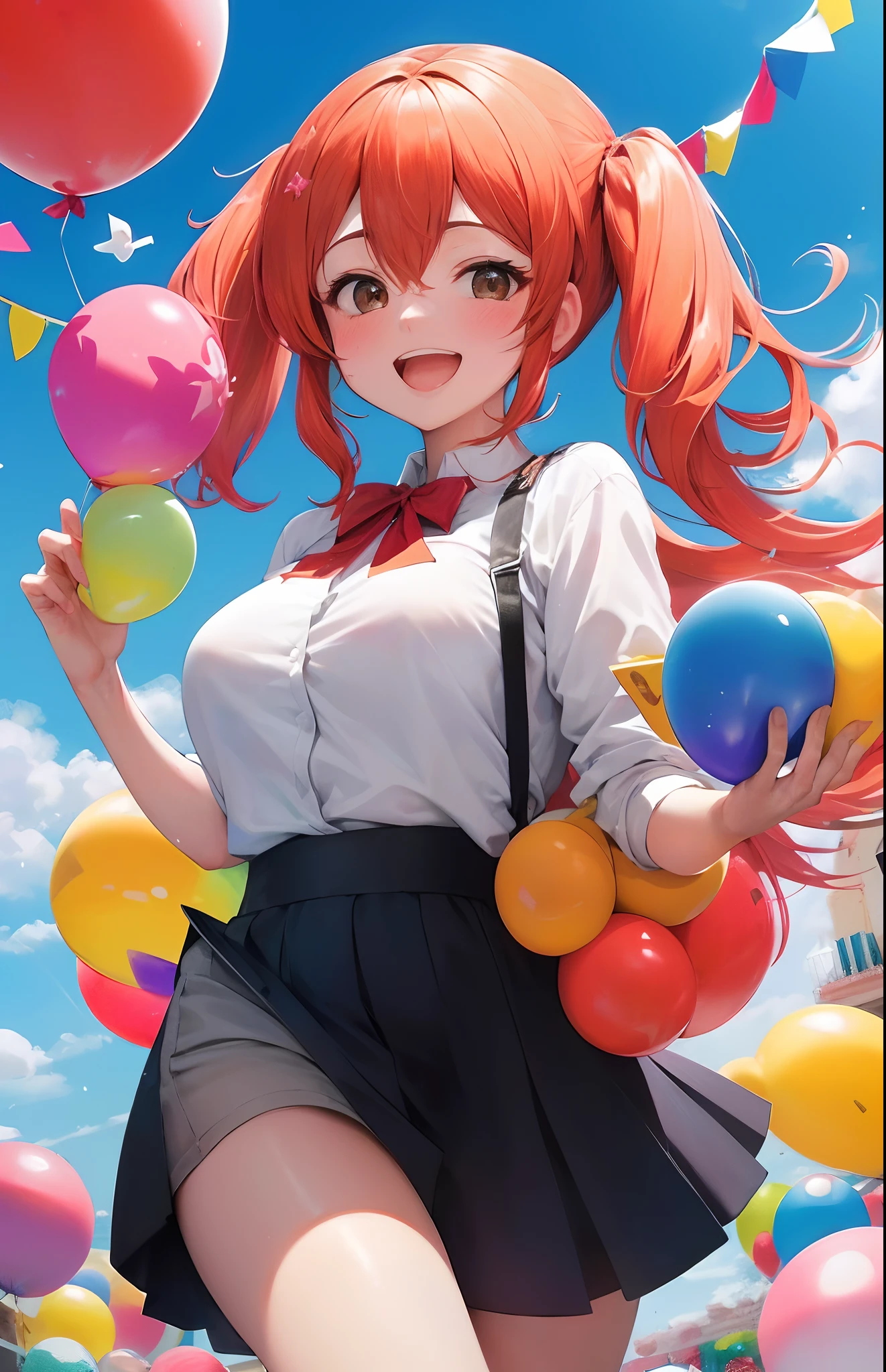 (higher resolution, imagen_distinta) La mejor calidad, la obra maestra de una mujer, muy detallados, semi realista (la mayor parte del cuerpo), feliz, celebrando, fiesta, globos, payaso,