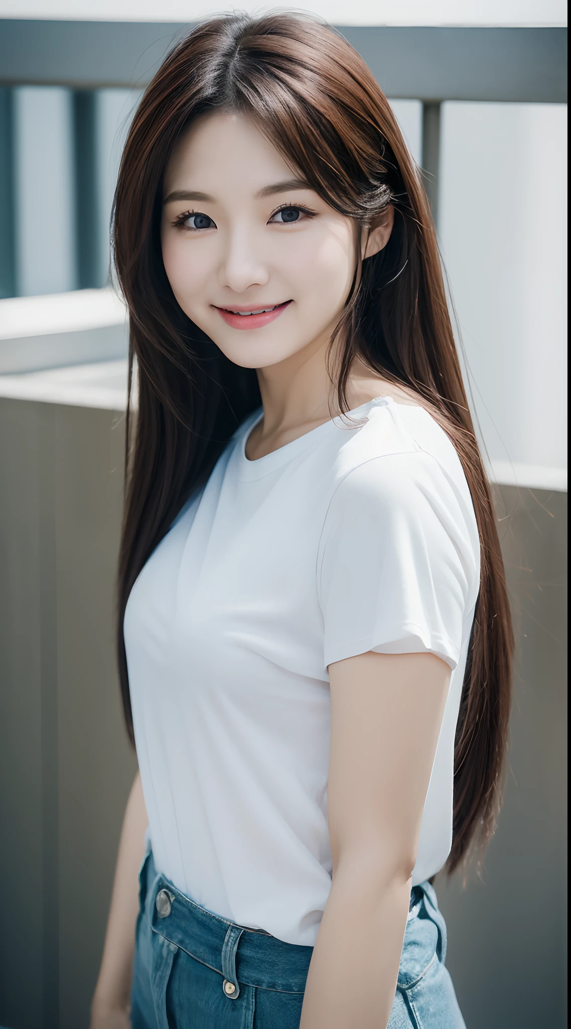 close-up of beautiful South Korean, Kwon Eunbi is a South Korean singer and actress, age 24 years old girl, youthful face, perfect body, white body skin, very rapunzel long hair, standard black hair, straight hair, 34 inches breasts size, wearing a plain standard light white long sleeved t-shirt, wearing a tight camouflage leggings, sexy looking pose, pose a naughty look, pose looks seductive, at the military training camp, military training camp background, UHD