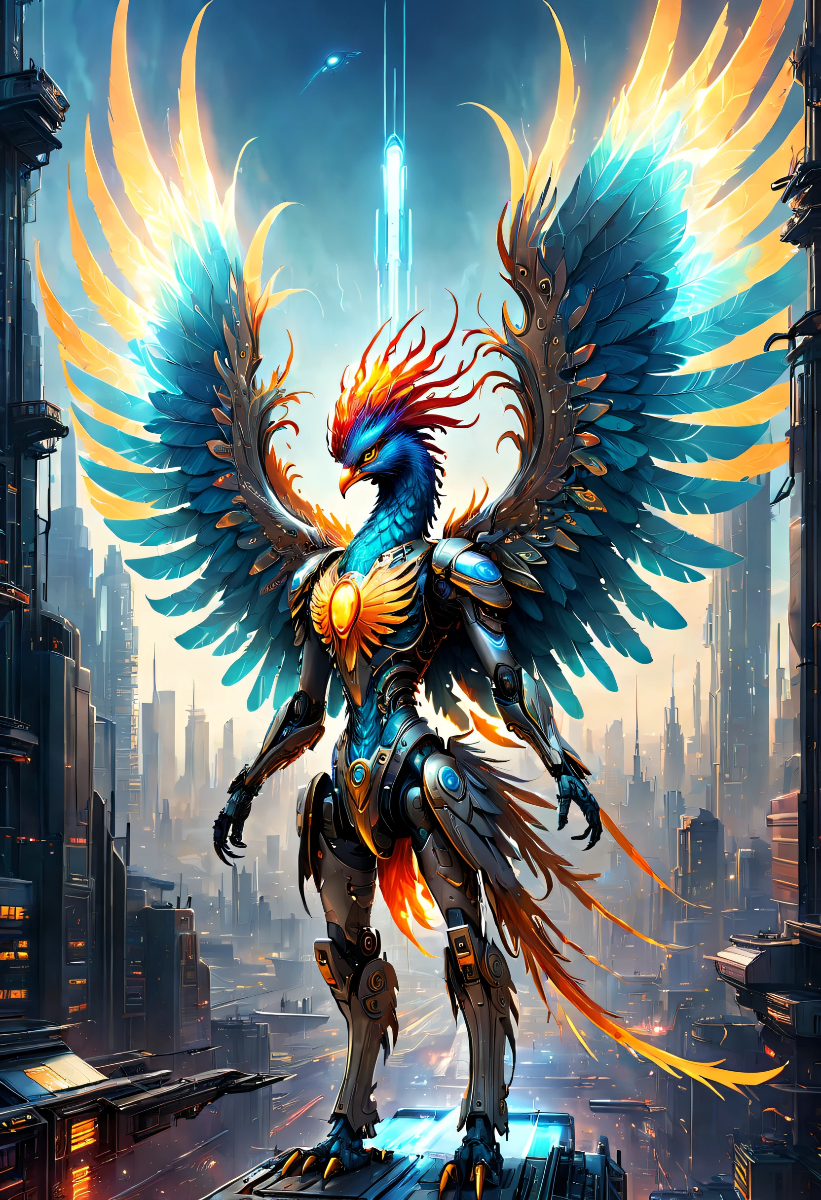 Translucent ethereal mechanical phoenix,Futuristic King of the Phoenix,Mechanical wings,futuristic urban background,Beautiful sci-fi art, Science-fi digital art illustration, Digital cyberpunk art, science fiction digital painting, futuristic digital painting, futuristic concept art, in front of a sci fi cityscape, science fiction digital art, Advanced digital cyberpunk art, Fantastic cyberpunk phoenix