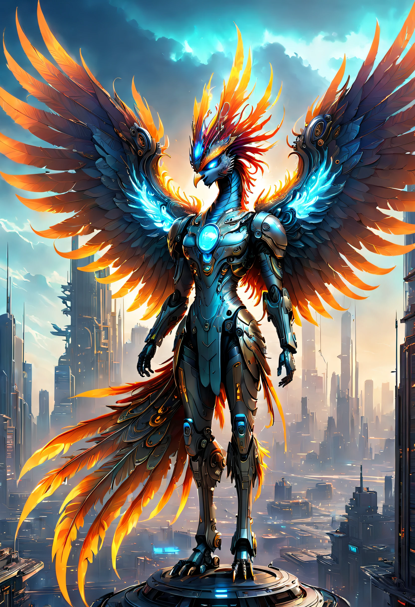 Translucent ethereal mechanical phoenix，Futuristic King of the Phoenix，Mechanical wings，futuristic urban background，Beautiful sci-fi art, Science-fi digital art illustration, Digital cyberpunk art, science fiction digital painting, futuristic digital painting, futuristic concept art, in front of a sci fi cityscape, science fiction digital art, Advanced digital cyberpunk art, Fantastic cyberpunk phoenix