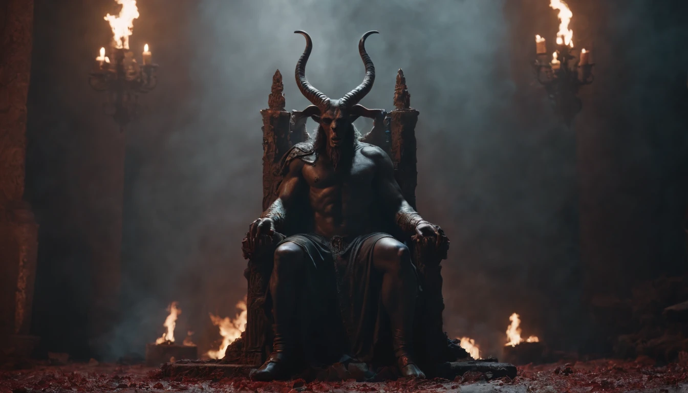 Baphomet sitting on his throne in hell with bloodied ground