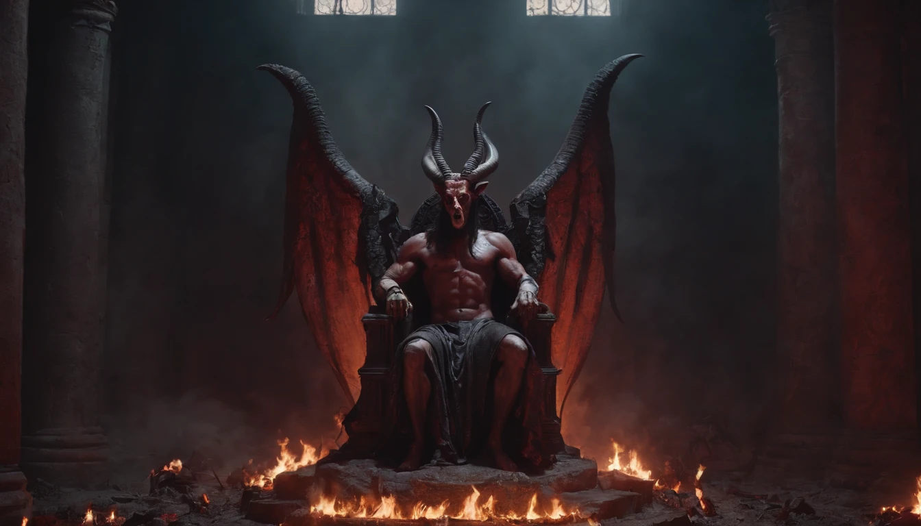 Baphomet sitting on his throne in hell with bloodied ground