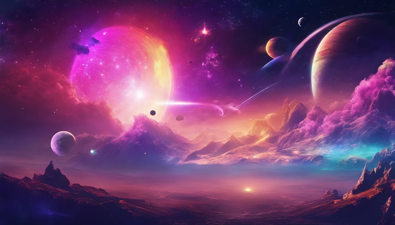 Paisagem fantastica em um planeta estrangeiro, a bright rainbow and planets with rings in the sky