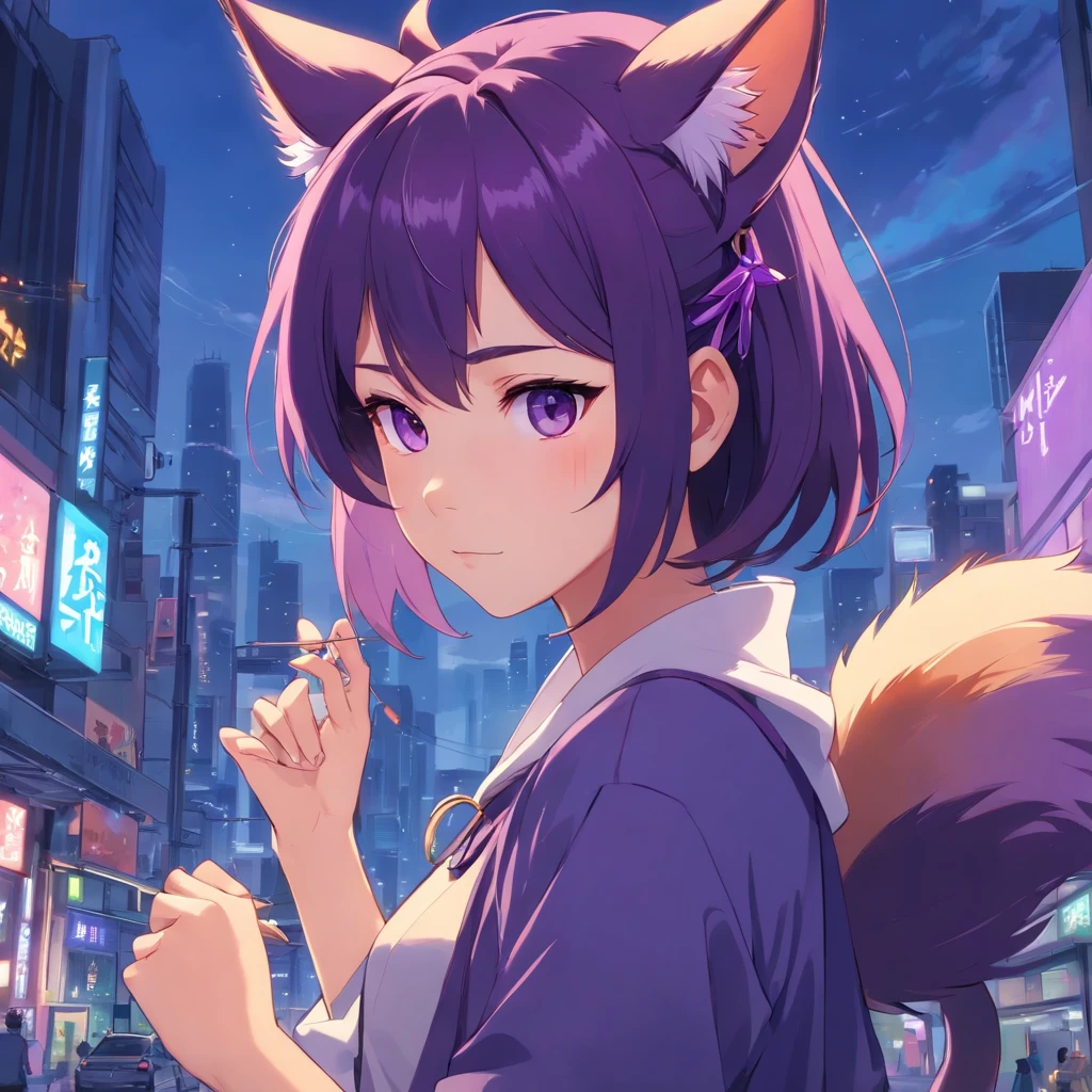 anime black+purpleish abit haired girl with cat tails, elf ears and aesthetic horns, designed good