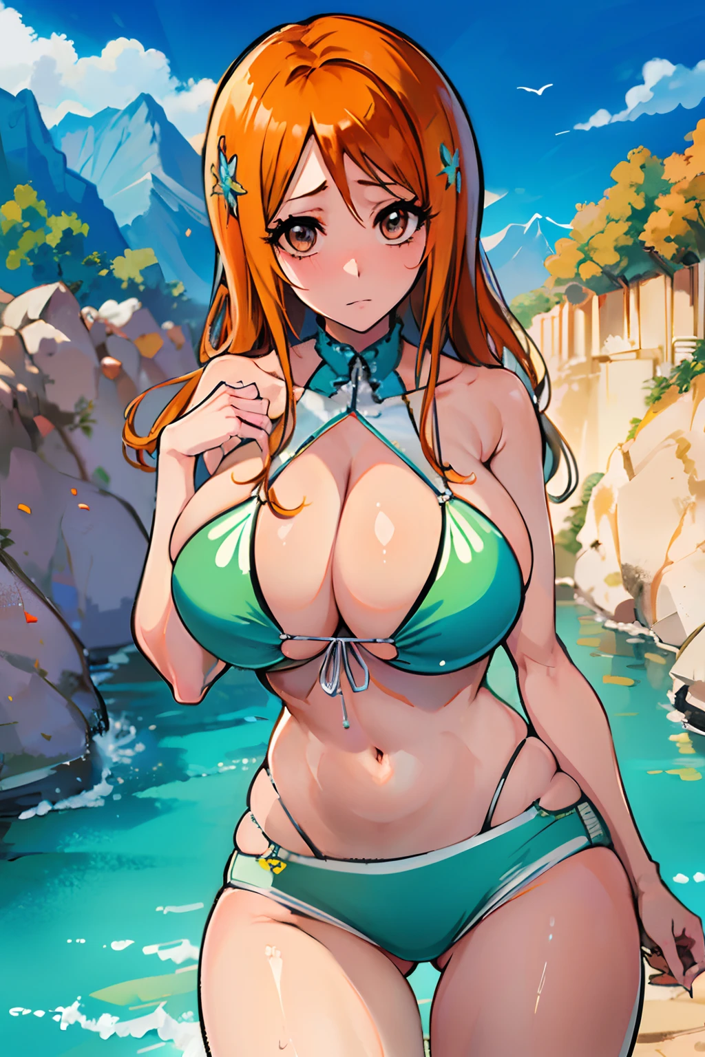 (Best Quality:1.2), Cowboy Shot, 独奏, 1girl in, inoue orihime, huge-breasted, (Valley:1.5), thighs thighs thighs thighs, maikurobikini, Beautiful, hight resolution, ultrasharp, 8K, masutepiece