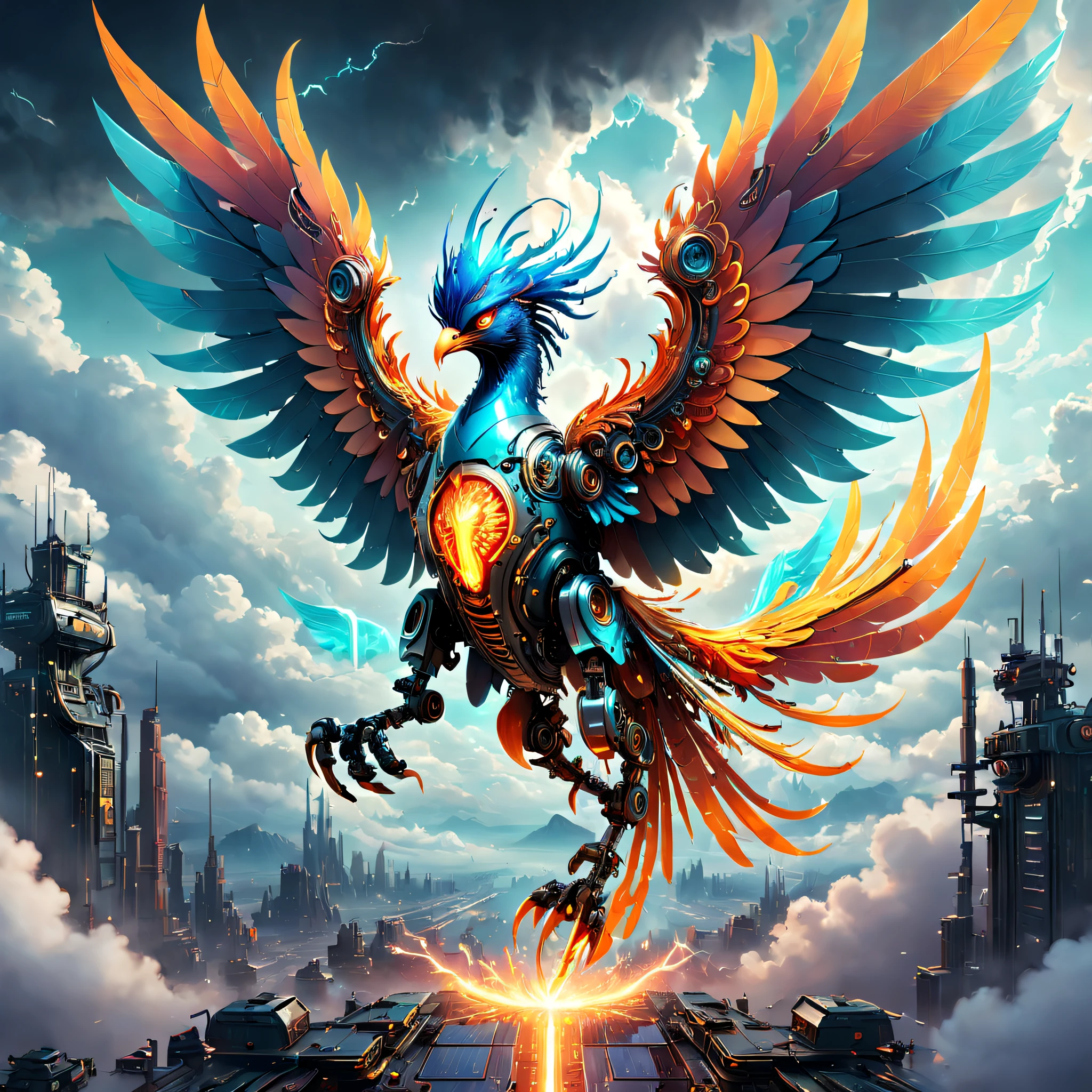 A transparent mechanical phoenix flies through the clouds, Stylized futuristic mechanical phoenix fantasy artwork, 3 d render beeple, in the style of beeple, artgem and beeple masterpiece, the solarpunk phoenix, beeple artwork, 4K detailed digital art, beeple daily art, 4k highly detailed digital art, beeple art,Epic art of symmetry,((best qualtiy)), ((tmasterpiece)), (high detal:1.3), 。.3D,(cyber punk perssonage:1.2),robbot,(Mechanicalweapon:1.1), Mechanical Phoenix, raincoat, number (disguise: 1.3),Symmetrical epic fantasy art, hdr(HighDynamicRange)