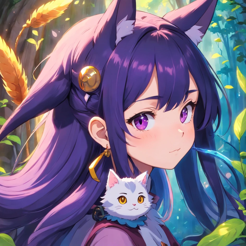 anime black+purpleish abit haired girl with cat tails, elf ears and aesthetic horns, designed good