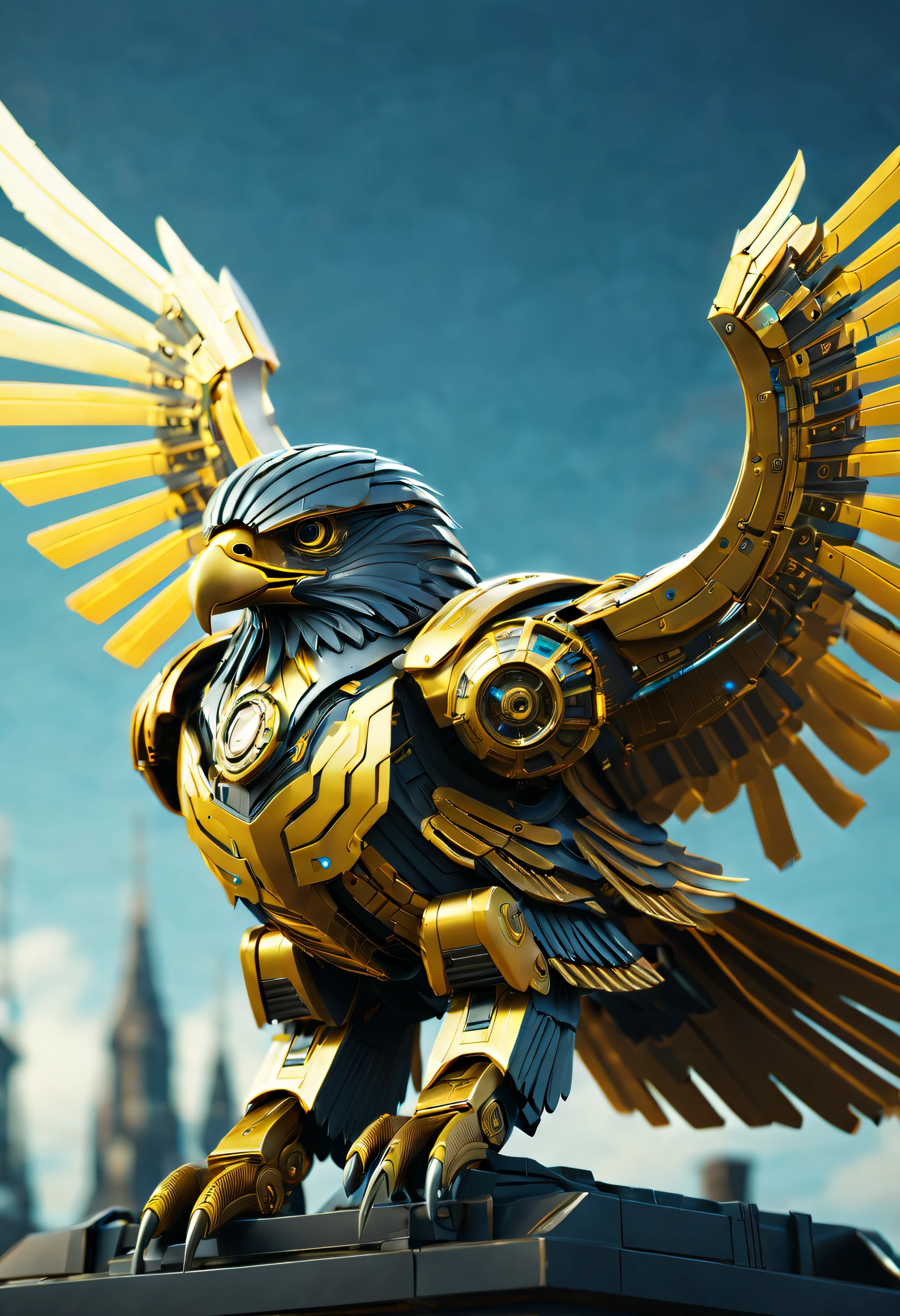 Futuristic mechanical eagle falcon,Image of a mechanical eagle falcon in Alfide,There are glowing golden wings, Eagle falcon in metal armor, dan munford. 8 k octane render, mech wings, dan munford. Maya rendering, Neon wings, dan munford. rendering by octane, sci fi epic digital art, heroes of the storm splash art, dan mumford tom bagshaw, high definition cgsociety