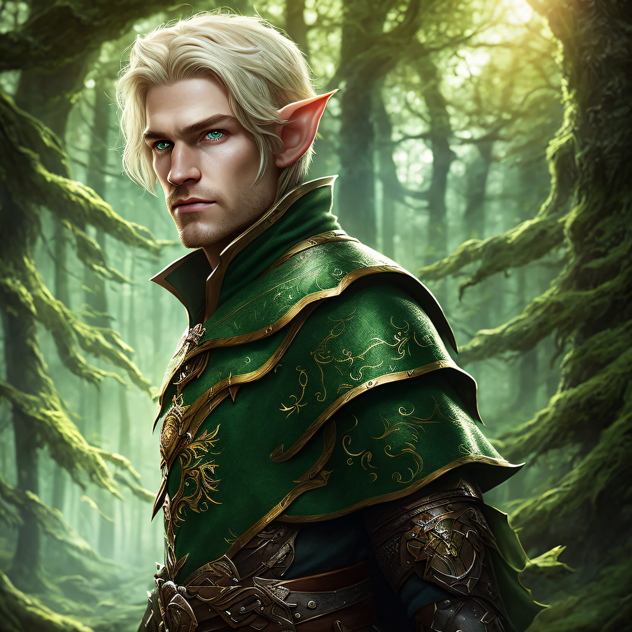 Elf man, masculine, portrait, character art, digital painting, dark wood forest, (Green eyes:1.3), [Blonde Hair:1.4], [Wooden Armour], [Magic], [Godrays:1.2] [[UHD]], [HD], [DND Style:1.5], (Singular man)