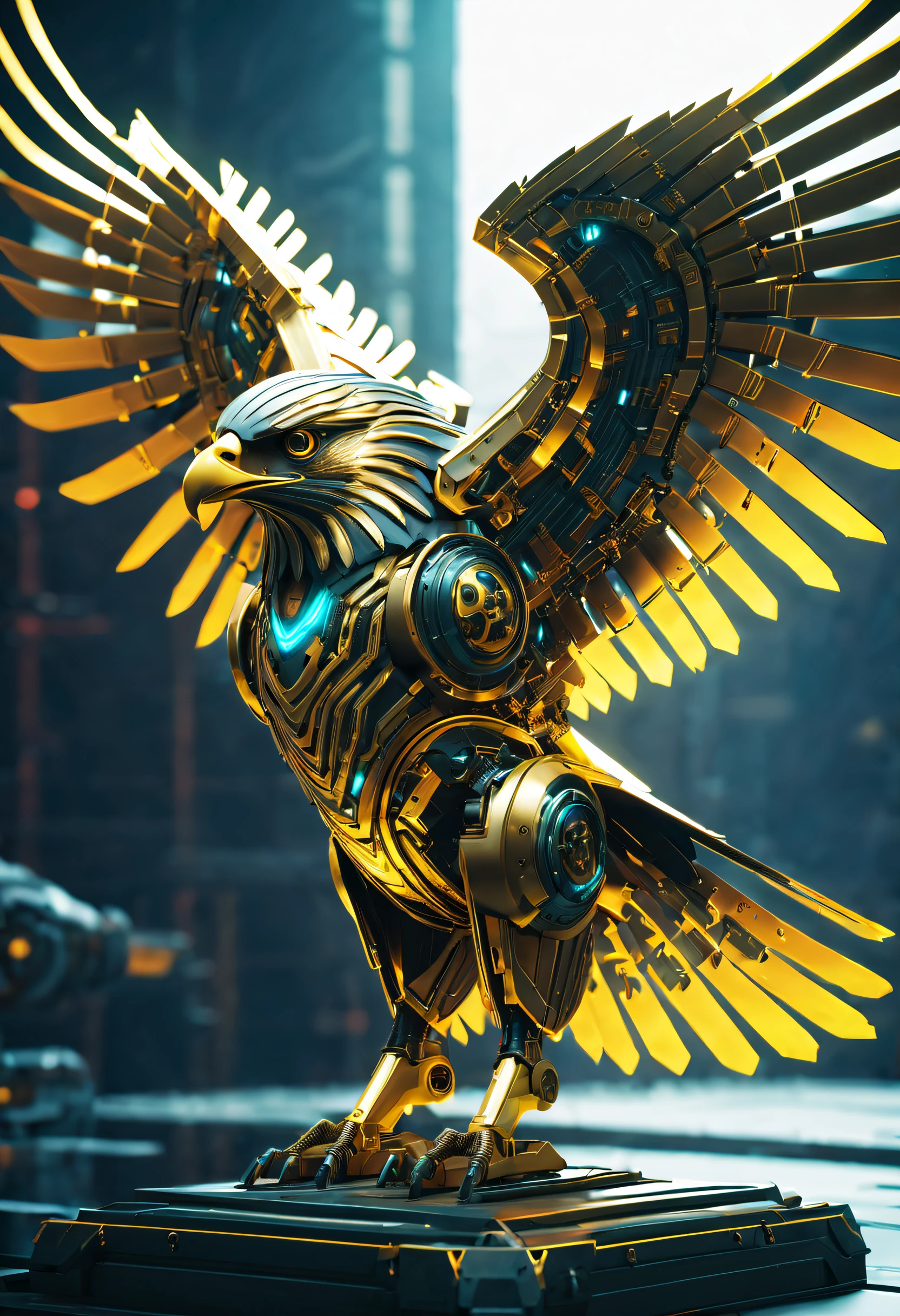 Futuristic mechanical eagle falcon，Image of a mechanical eagle falcon in Alfide，There are glowing golden wings, Eagle falcon in metal armor, dan munford. 8 k octane render, mech wings, dan munford. Maya rendering, Neon wings, dan munford. rendering by octane, sci fi epic digital art, heroes of the storm splash art, dan mumford tom bagshaw, high definition cgsociety