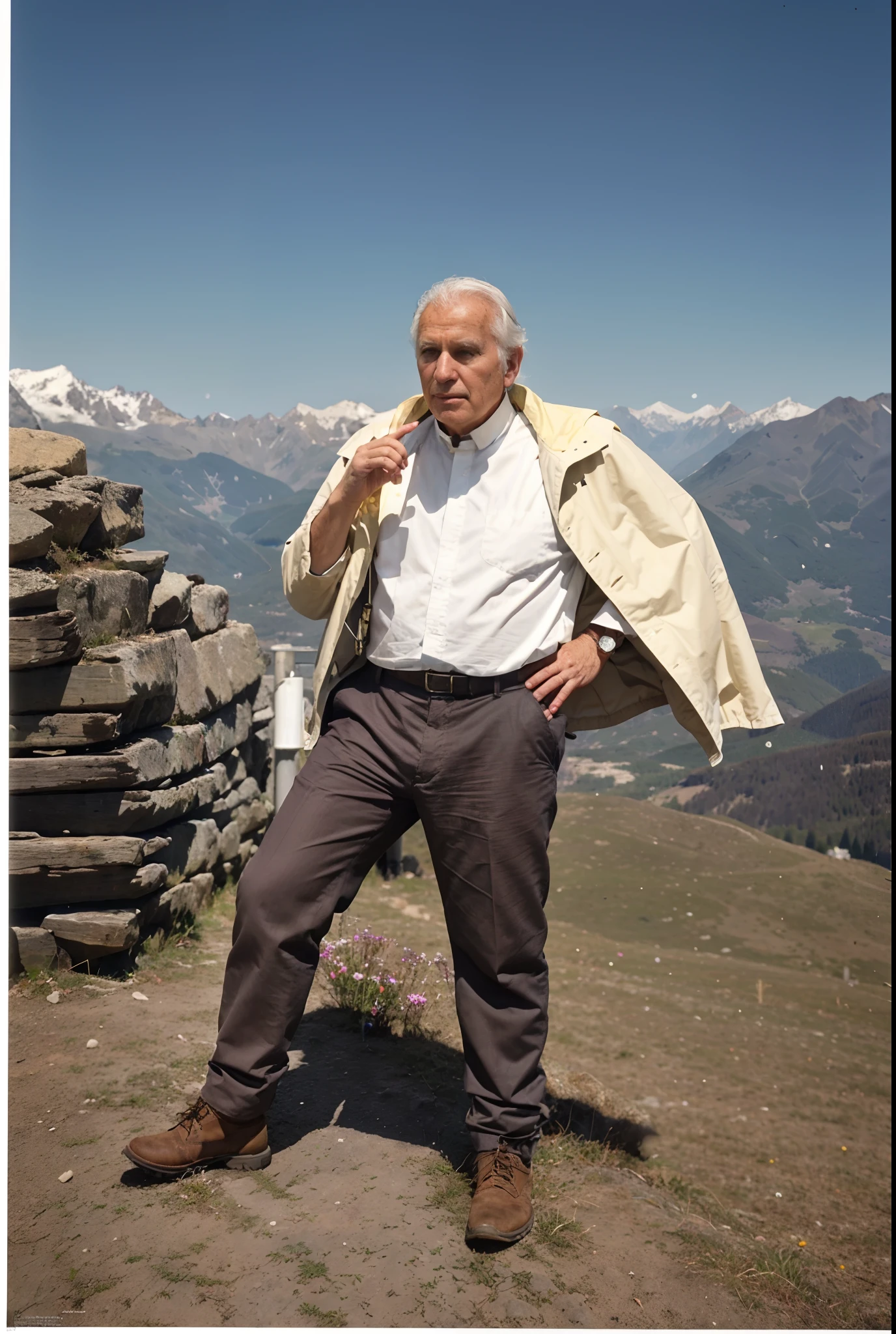 (obra prima) (ultradetalhada) (ultrarrealista | |) Arafed man standing on a mountain with a jacket on, Jean Girard, inspirado em Werner Andermatt, inspirado em Loren Munk, Jean Henri Gaston Giraud, Georges Desvallières, inspired by Émile Bernard, Jean Christian Biville, foto do perfil, john paul ii, Rali de Theodore, Retrato de Jean Giraud, giorgetto giugiaro, Foto premiada, BLN-L24, exposure,Alto contraste,low saturation,high saturation 8k 3D, f 2.8 lentes, Cinematic lighting,