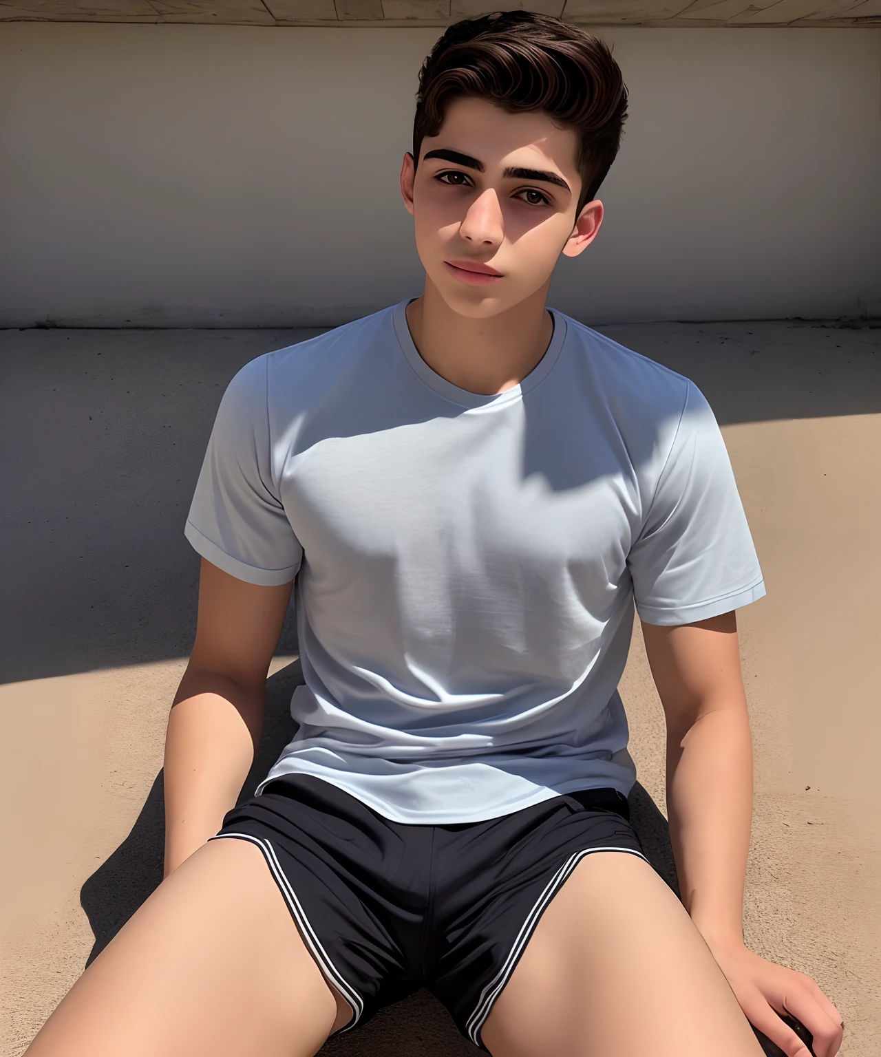 Young man with Arab features with shirt, front photo, , perfect face and boy, beautiful face, perfectly lit face, perfect face, elegant.  Beautiful thighs