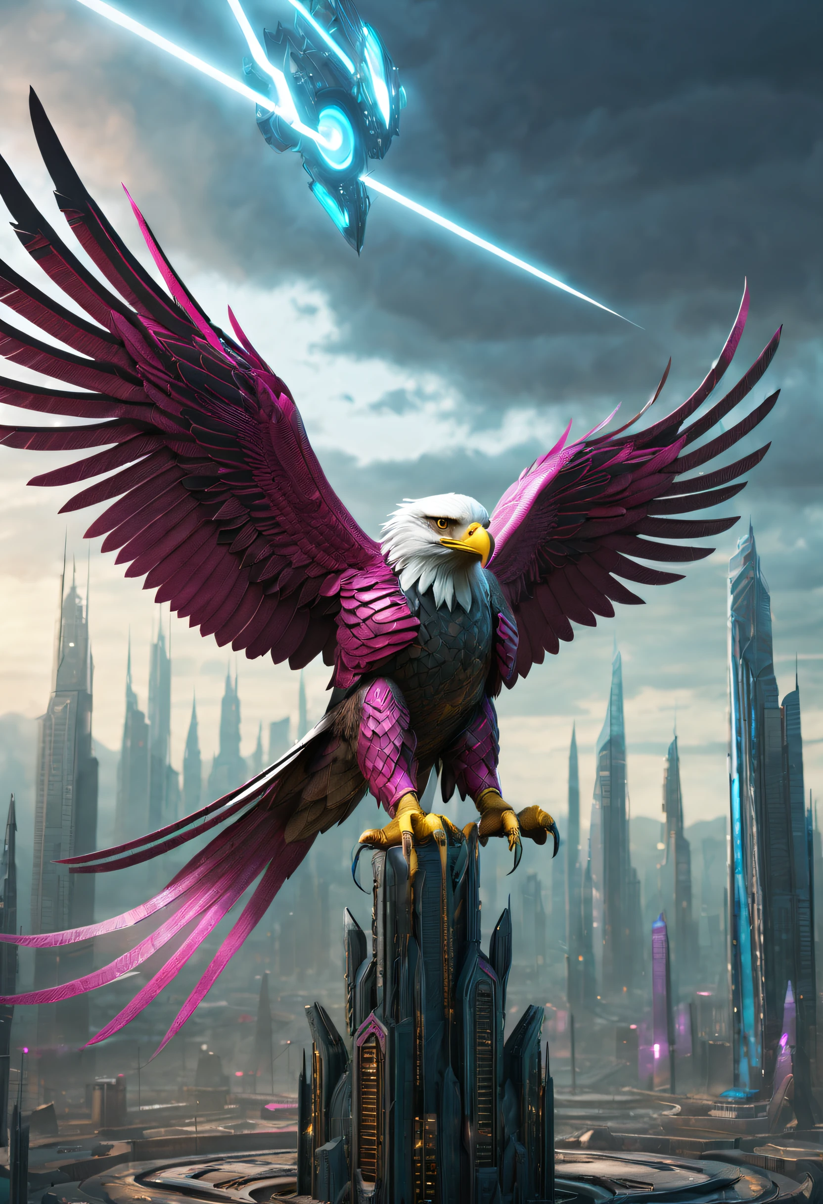 Eagle Falcon，Eagle head，Hawkeye，Eagle beak，eagle claws， An eagle warrior with mechanical wings of an eagle falcon stands in front of an alien city,Close-up of the eagle falcon，Huge wings glow， Beautiful and elegant King Falcon,The head is the head of an eagle，（（best qualtiy））， （（tmasterpiece））， （high detal：1.3）， 。.。.。.3D，（cyber punk perssonage：1.2） special ops， robbot，（Mechanicalweapon：1.1）， Mechanical Eagle Falcon， raincoat， number （disguise： 1.3），Symmetrical epic fantasy art, hdr（HighDynamicRange）， Ray traching， NVIDIA RTX， 超高分辨率， Unreal 5， sub surface scattering， PBR textures， post-proces， Anisotropic filtering， depth of fields， Maximum clarity and sharpness， Many-Layer Textures、Albedo and reflection maps、Surface coloring、Accurately simulate the interaction of light and materials、Ideal proportions、rendering by octane、bicolor lighting、largeaperture、Low ISO、White balance、trichotomy、8K raw data、Effective subpixels、sub-pixel convolution、 Symmetrical epic fantasy art, Fuchsia mechanical eagle falcon, Detailed digital 2D fantasy art, Epic fantasy art style HD, 8K fantasy art, King of Falcons