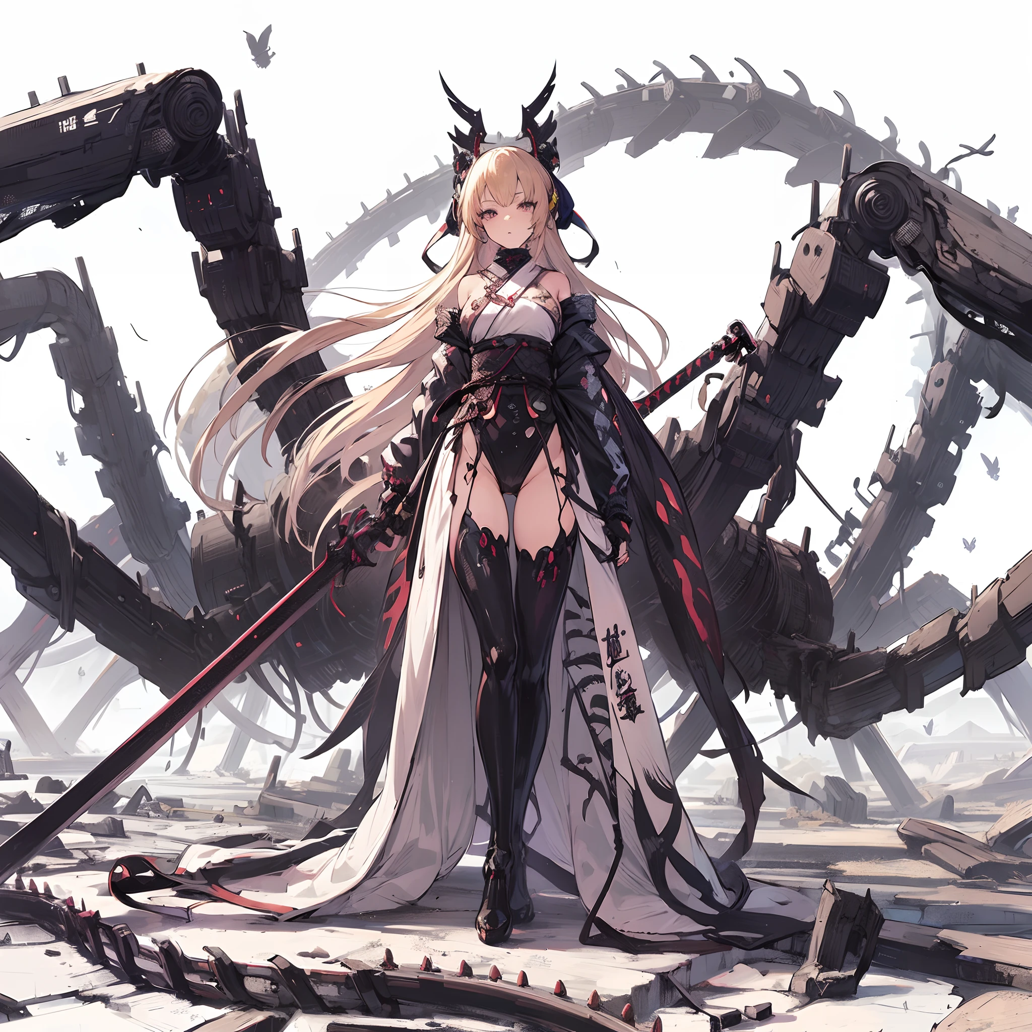 (masutepiece, Best Quality), (Perfect female body:1.2), Ultra-detailed, Anime style, Solo, Wearing a Priestess Cyber Dress、With a huge giant sword, Cyberpunk Ninja Girl, ash blond hair, Huge many branched centipede tails, White background, Whole body. Standing in the wasteland