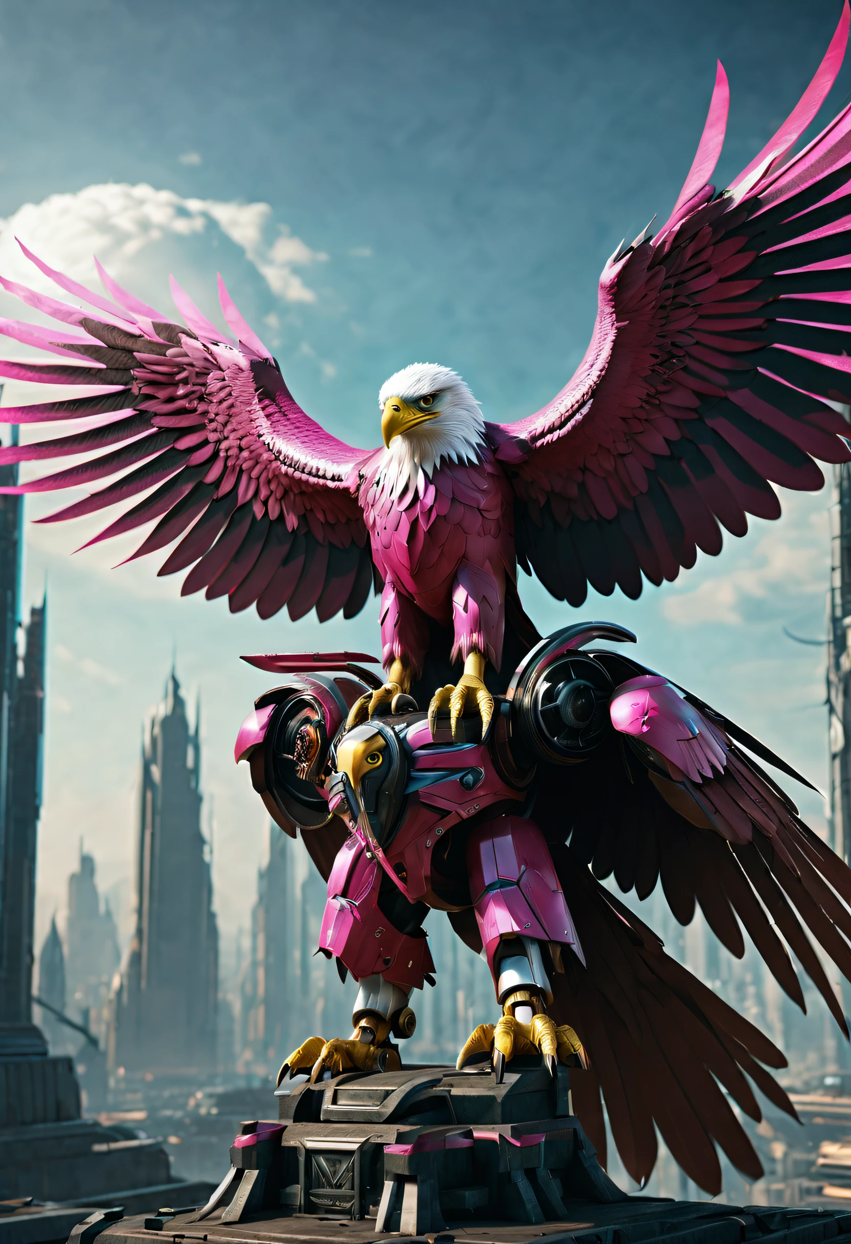 Eagle Falcon，Eagle head，Hawkeye，Eagle beak，eagle claws， An eagle warrior with mechanical wings of an eagle falcon stands in front of an alien city,Close-up of the eagle falcon，Huge wings glow， Beautiful and elegant King Falcon,The head is the head of an eagle，（（best qualtiy））， （（tmasterpiece））， （high detal：1.3）， 。.。.。.3D，（cyber punk perssonage：1.2） special ops， robbot，（Mechanicalweapon：1.1）， Mechanical Eagle Falcon， raincoat， number （disguise： 1.3），Symmetrical epic fantasy art, hdr（HighDynamicRange）， Ray traching， NVIDIA RTX， 超高分辨率， Unreal 5， sub surface scattering， PBR textures， post-proces， Anisotropic filtering， depth of fields， Maximum clarity and sharpness， Many-Layer Textures、Albedo and reflection maps、Surface coloring、Accurately simulate the interaction of light and materials、Ideal proportions、rendering by octane、bicolor lighting、largeaperture、Low ISO、White balance、trichotomy、8K raw data、Effective subpixels、sub-pixel convolution、 Symmetrical epic fantasy art, Fuchsia mechanical eagle falcon, Detailed digital 2D fantasy art, Epic fantasy art style HD, 8K fantasy art, King of Falcons