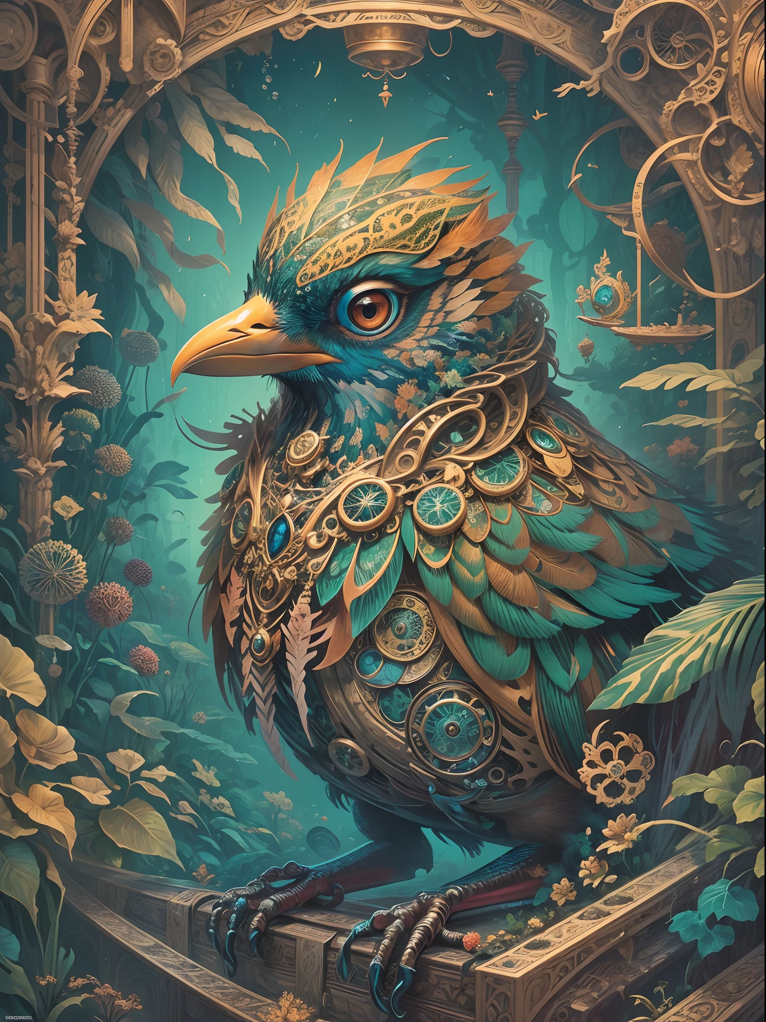 ((best quality)) , ((masterpiece)) , (detailed) ,Intricate mechanical details, awardwinning lithography print of a Psychedelic Art, intricate details, Underwater Inviting (MECHANICAL BIRD:1.3) , concept art, background is Trench, Odious vegetation, at Nighttime, tilt shift, Graphic novel, Smirking, short lighting, F/1.8, complementary colors, ethereal magical atmosphere, halftone texture, photolab, UHD, 8k resolution