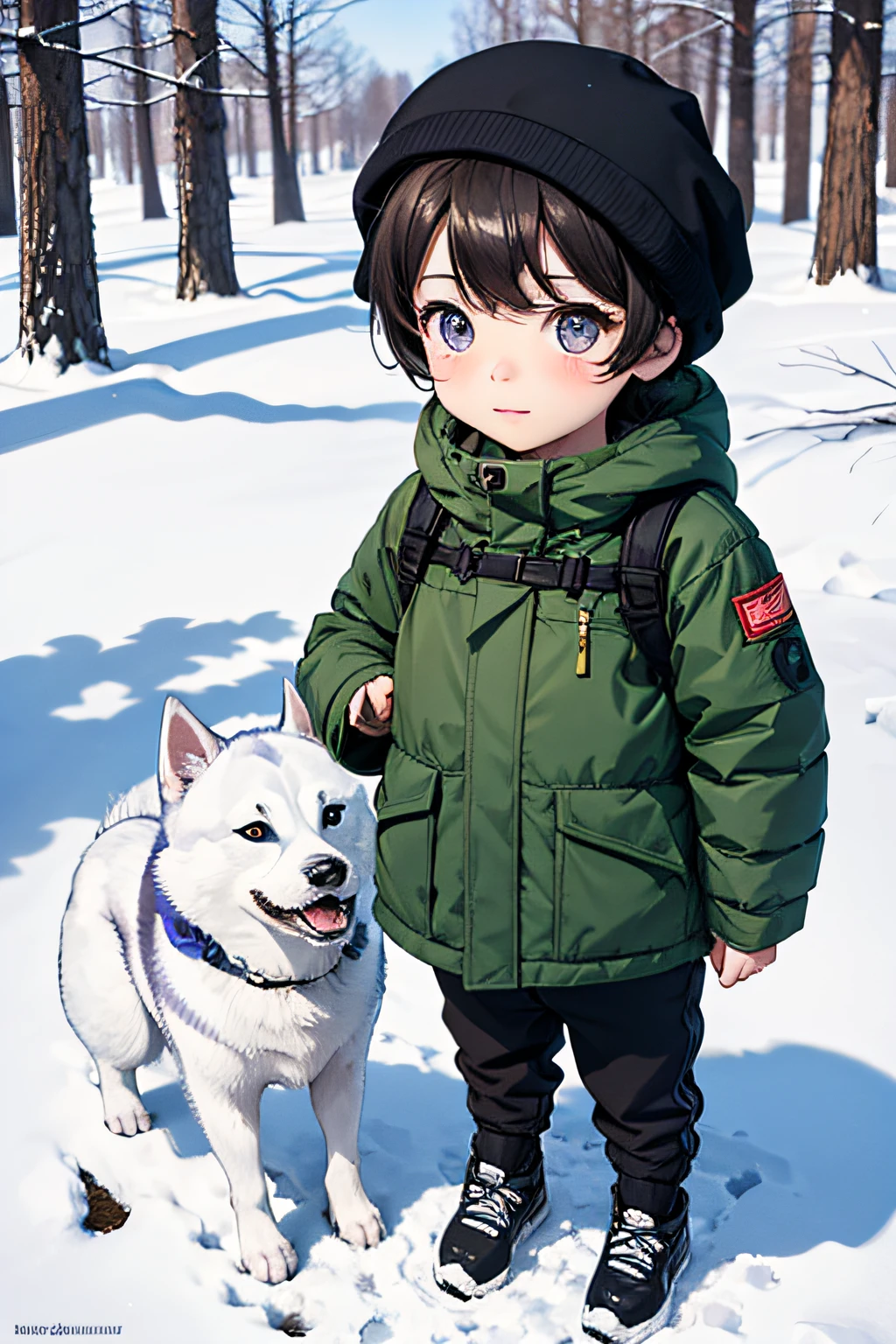 On a snowy day,A cute ********** in the forest, There was a husky with him, There is sunshine