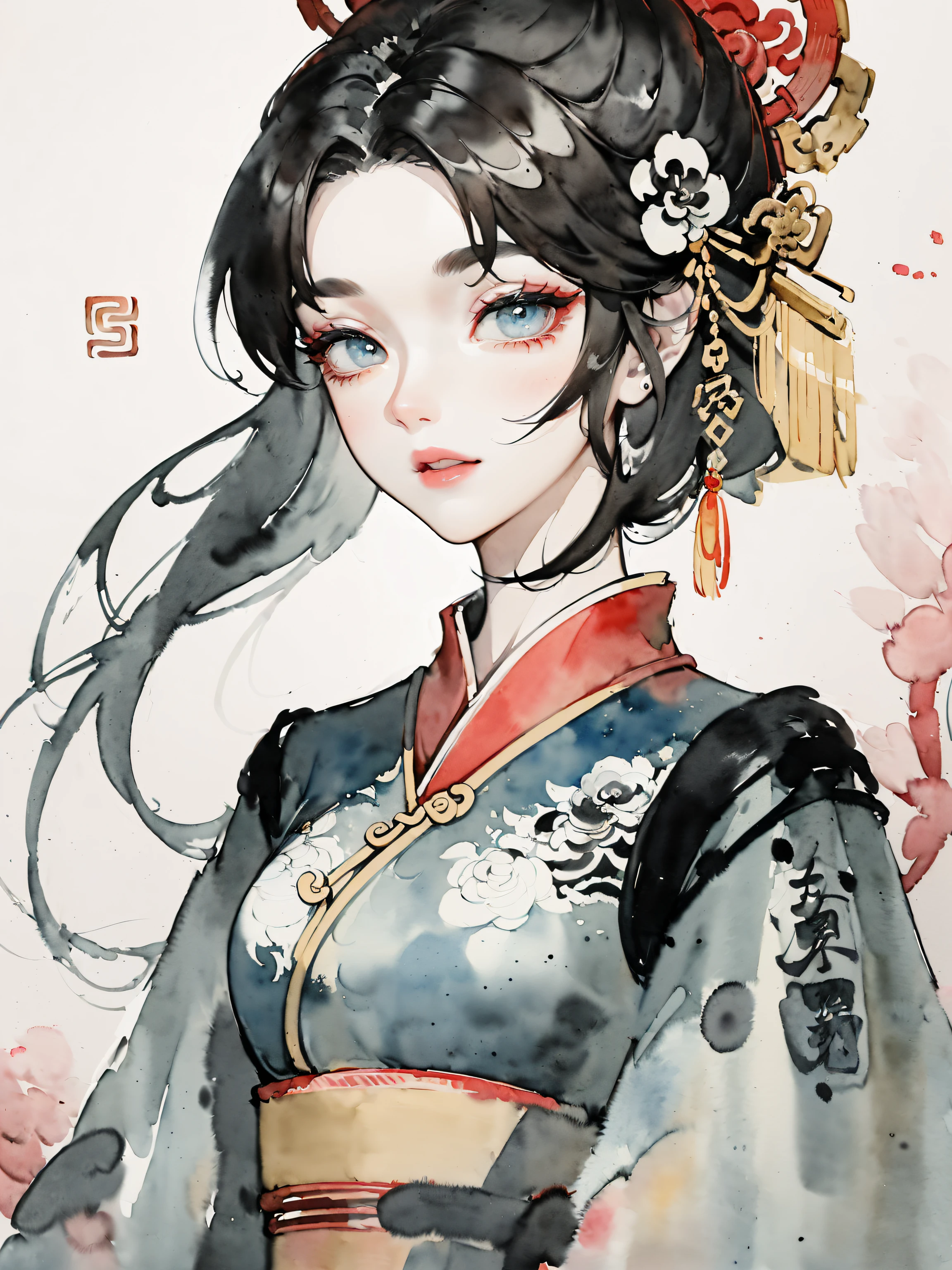 (((((((Chinese ink painting，watercolor paiting，ancient chinese costume,)))))))，((1lady,adorable korean mix Saudi Arabia girl,rosto magro，Solo,))(Masterpiece,Best quality, offcial art, Beautiful and aesthetic:1.2),((超高分辨率,Golden ratio,)) (16k),((from below，detailed background of chinese style paintings)),(Physically-based rendering),Amazing,Sharp focus, (((highdetailskin,))),Intricately detailed clothing,Lying silkworm eyebrows，Delicate pupils，Danfeng Eyes,((((detailed hair,middle hair|Shaggy cut|Long bold side bangs|Sleek pixie cut|Voluminous updo|Undercut)))),Slender,(masterpiece sidelighting),(The sheen),(beautiful hair,beautiful eyes,）[[Delicate fingers and hands:0.55]::0.85],(Detail fingers),(((Superior quality,)))),((unbelievable Ridiculous,)),((extremely_Detailed_Eyes_and_face)),Movie girl,(Dynamic configuration: 1.2),Brilliant,Glossy