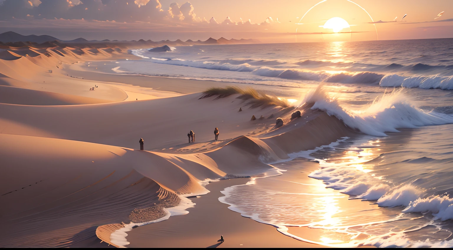 ink,seashore, small sand dunes, The beauty of ancient poetry,the setting sun,