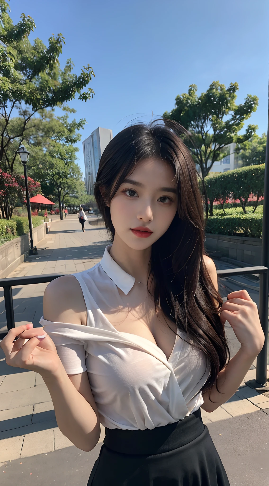 A perfect young female white-collar worker,Chinese big breasts,High picture quality,Works of masters,Black hair,Long hair shawl,Long hair flowing over the shoulders,Beach wave hairstyle,cropped shoulders,鎖骨,exquisite face,Moist red lip black silk, Wrap skirt, short sleeved shirt,stocklings,Real Human,CG rendering,16k,Stand up,Suzhou Garden,On the bridge,Do not show your hands,Close-up shot