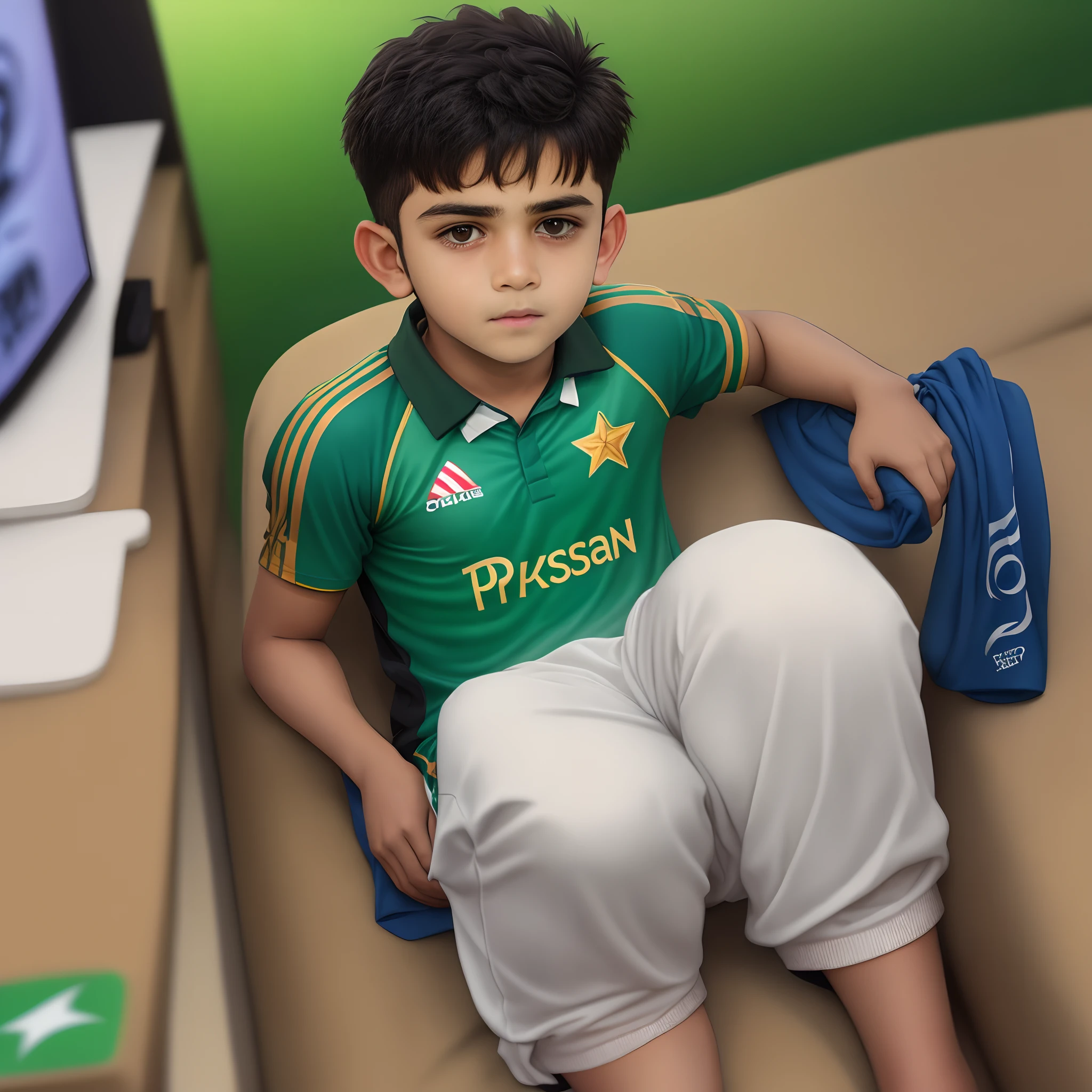A boy wearing a Pakistan Cricket Team kit named
"Maaz" with number "05" and watching match on TV.