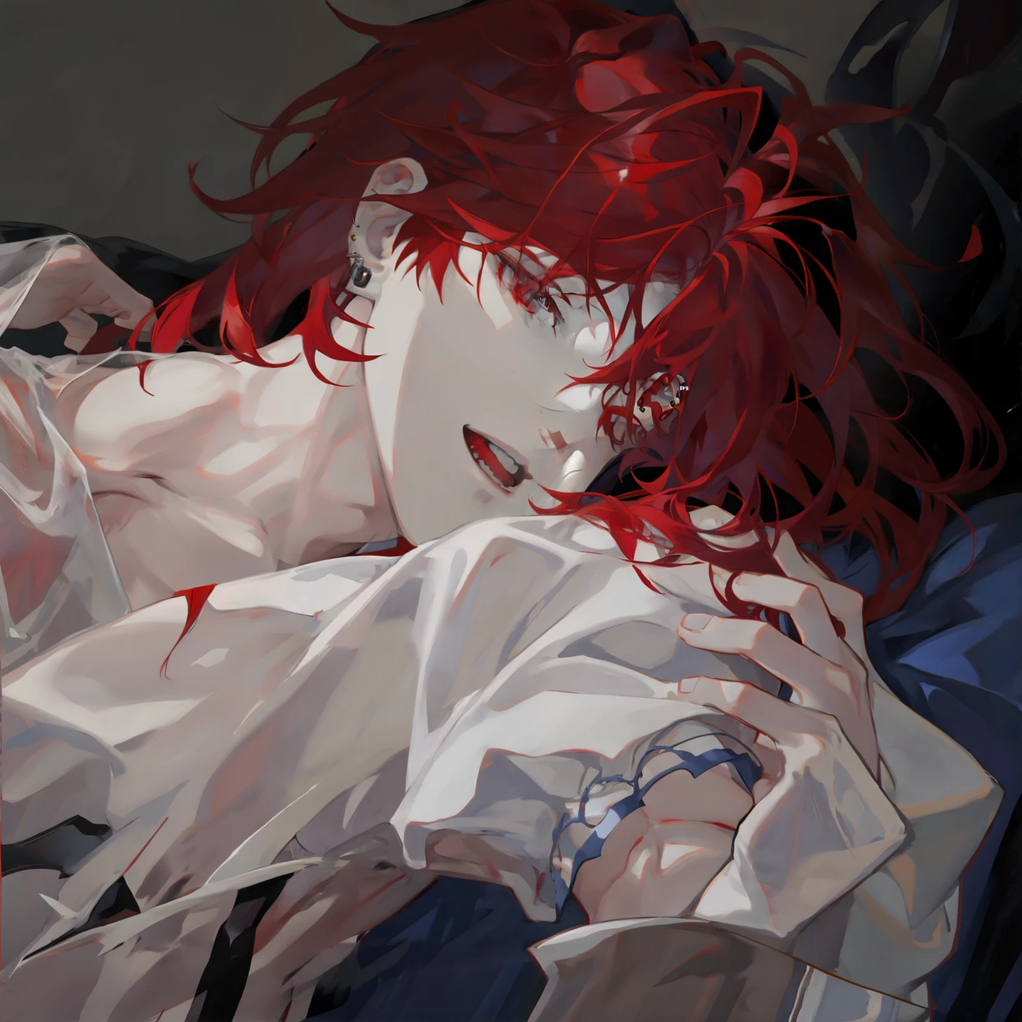 red hair, pale skin, handsome, boy, masculine, piercings