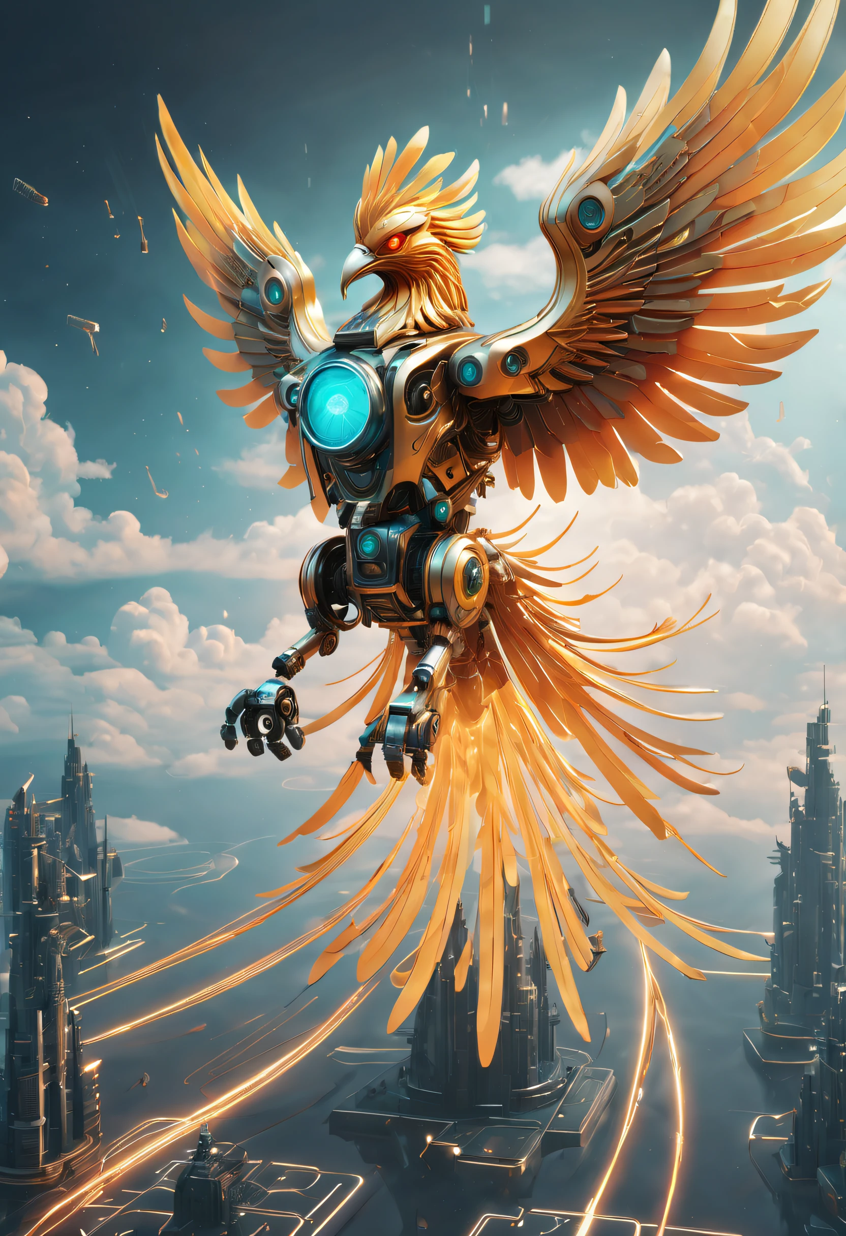 A transparent mechanical phoenix flies through the clouds, Stylized futuristic mechanical phoenix fantasy artwork, 3 d render beeple, in the style of beeple, artgem and beeple masterpiece, the solarpunk phoenix, beeple artwork, 4K detailed digital art, beeple daily art, 4k highly detailed digital art, beeple art，Epic art of symmetry，（（best qualtiy））， （（tmasterpiece））， （high detal：1.3）， 。.3D，（cyber punk perssonage：1.2），robbot，（Mechanicalweapon：1.1）， Mechanical Phoenix， raincoat， number （disguise： 1.3），Symmetrical epic fantasy art, hdr（HighDynamicRange）