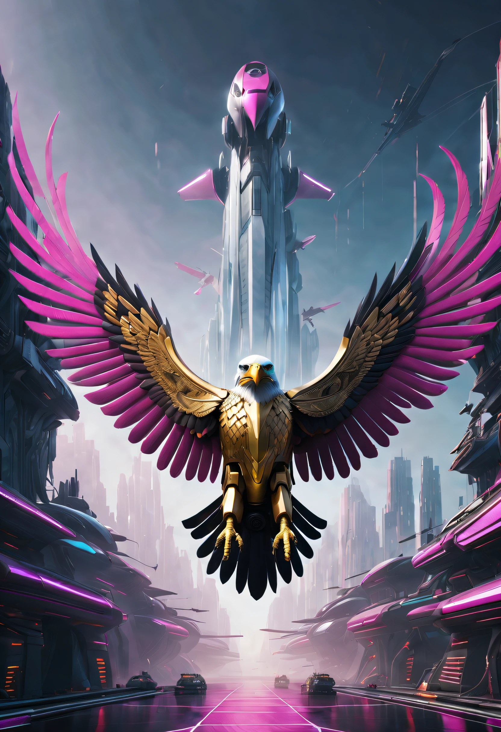 Mechanical Eagle Falcon,An eagle falcon,Mechanically winged eagle standing in front of an alien city,Futuristic close-up of the Falcon,Golden Falcon,Huge wings glow, Beautiful and elegant King Falcon,The head is the head of an eagle,((best qualtiy)), ((tmasterpiece)), (high detal:1.3).3D,(cyber punk perssonage:1.2) robbot,(Mechanicalweapon:1.1), Mechanical Eagle Falcon, raincoat, number (disguise: 1.3),Symmetrical epic fantasy art, hdr(HighDynamicRange), Ray traching, NVIDIA RTX, 超高分辨率, Unreal 5, sub surface scattering, PBR textures, post-proces, Anisotropic filtering, depth of fields, Maximum clarity and sharpness, Many-Layer Textures、Albedo and reflection maps、Surface coloring、Accurately simulate the interaction of light and materials、Ideal proportions、rendering by octane、bicolor lighting、largeaperture、Low ISO、White balance、trichotomy、8K raw data、Effective subpixels、sub-pixel convolution、 Symmetrical epic fantasy art, Fuchsia mechanical eagle falcon, Detailed digital 2D fantasy art, Epic fantasy art style HD, 8K fantasy art, King of Falcons
