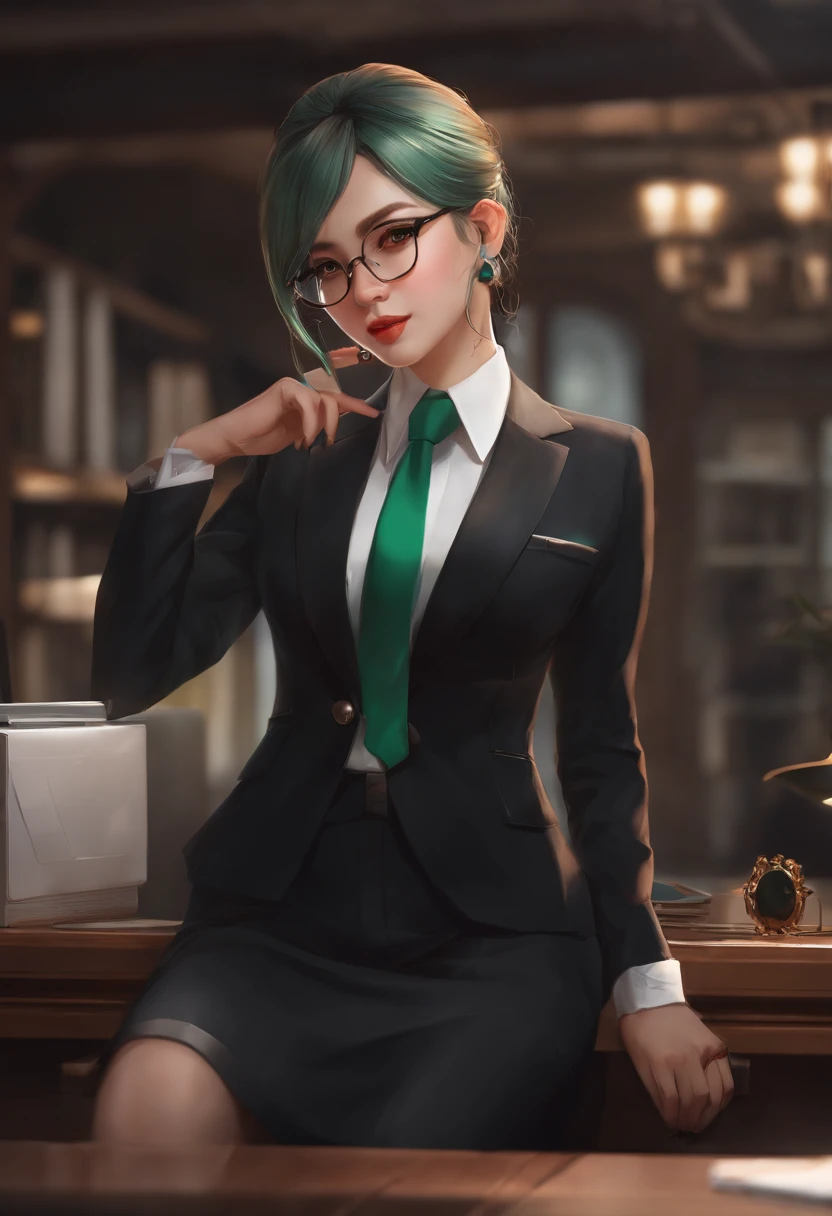 1girl, upper body, beautiful ,zenin_maki,ponytail,glasses,bangs,green hair,brown eyes, indoor,hoop Earrings, office lady, black suit, business clothes, black necktie, smalllips, volumetric lighting, best quality, masterpiece, intricate details, tonemapping, sharp focus, hyper detailed, trending on Artstation