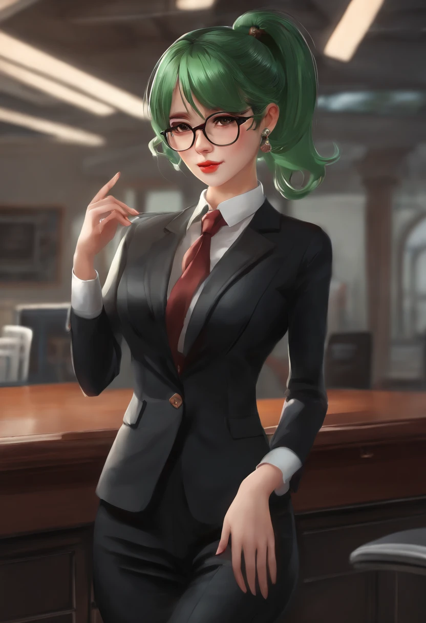 1girl, upper body, beautiful ,zenin_maki,ponytail,glasses,bangs,green hair,brown eyes, indoor,hoop Earrings, office lady, black suit, business clothes, black necktie, smalllips, volumetric lighting, best quality, masterpiece, intricate details, tonemapping, sharp focus, hyper detailed, trending on Artstation