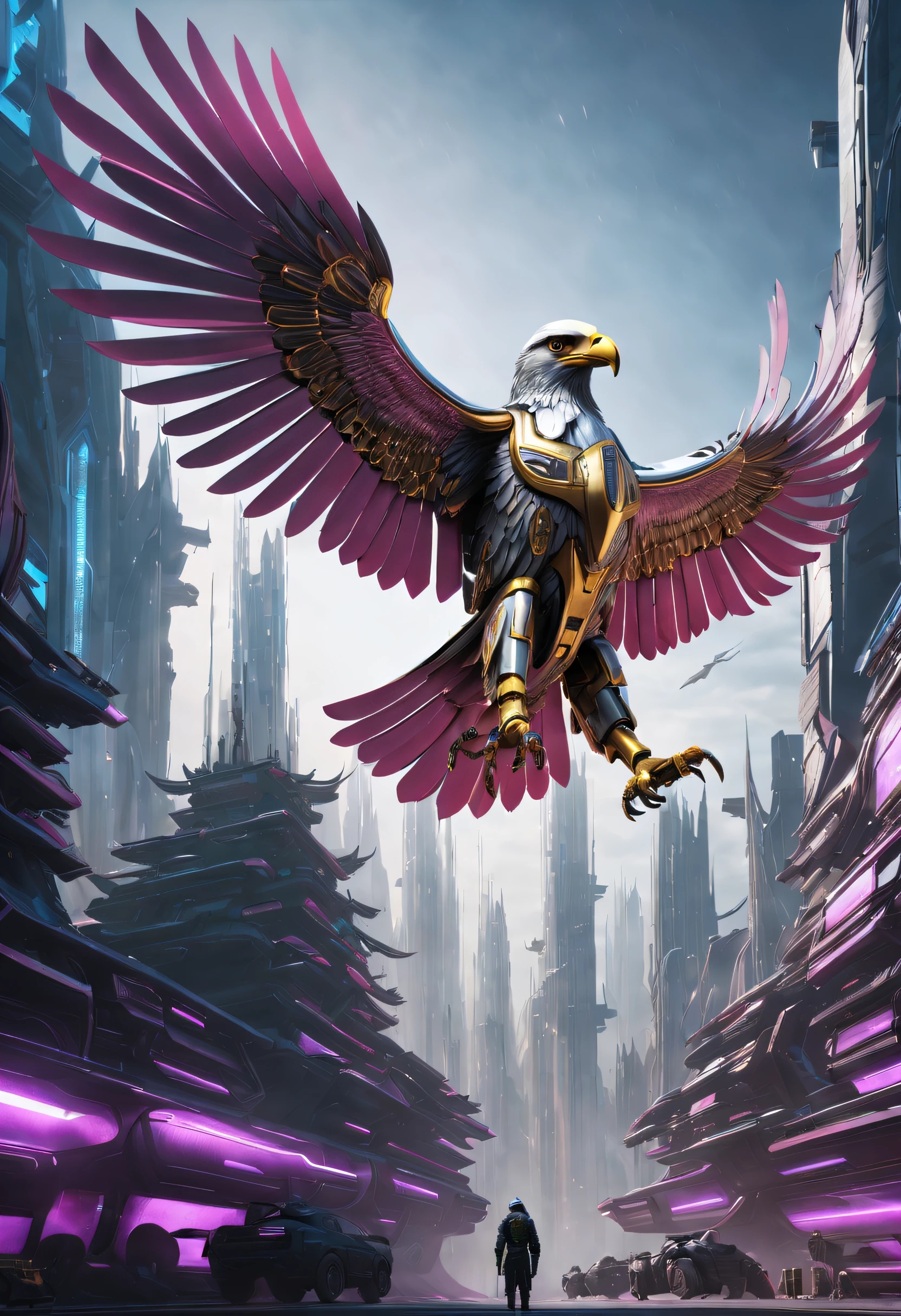 Mechanical Eagle Falcon，An eagle falcon，Mechanically winged eagle standing in front of an alien city,Futuristic close-up of the Falcon，Golden Falcon，Huge wings glow， Beautiful and elegant King Falcon,The head is the head of an eagle，（（best qualtiy））， （（tmasterpiece））， （high detal：1.3）.3D，（cyber punk perssonage：1.2） robbot，（Mechanicalweapon：1.1）， Mechanical Eagle Falcon， raincoat， number （disguise： 1.3），Symmetrical epic fantasy art, hdr（HighDynamicRange）， Ray traching， NVIDIA RTX， 超高分辨率， Unreal 5， sub surface scattering， PBR textures， post-proces， Anisotropic filtering， depth of fields， Maximum clarity and sharpness， Many-Layer Textures、Albedo and reflection maps、Surface coloring、Accurately simulate the interaction of light and materials、Ideal proportions、rendering by octane、bicolor lighting、largeaperture、Low ISO、White balance、trichotomy、8K raw data、Effective subpixels、sub-pixel convolution、 Symmetrical epic fantasy art, Fuchsia mechanical eagle falcon, Detailed digital 2D fantasy art, Epic fantasy art style HD, 8K fantasy art, King of Falcons