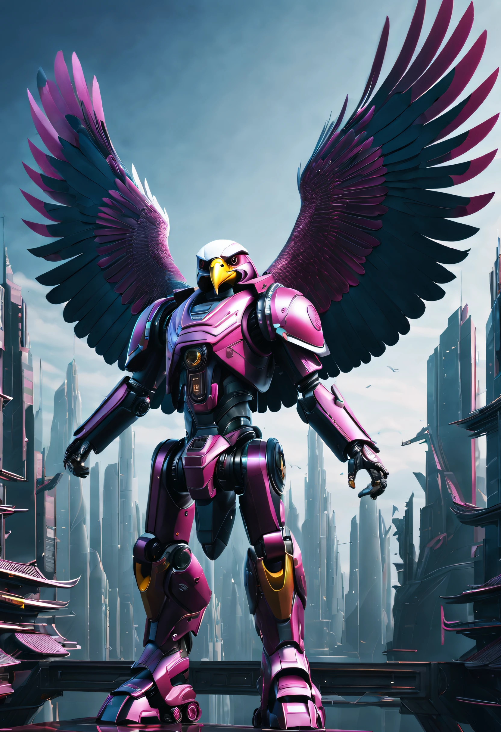 Mechanical Eagle Falcon，An eagle with mechanical wings of an eagle falcon stands in front of an alien city,Futuristic close-up of the Falcon，Golden Eagle Falcon，Huge wings glow， Beautiful and elegant King Falcon,The head is the head of an eagle，（（best qualtiy））， （（tmasterpiece））， （high detal：1.3）， 。.。.。.3D，（cyber punk perssonage：1.2） special ops， robbot，（Mechanicalweapon：1.1）， Mechanical Eagle Falcon， raincoat， number （disguise： 1.3），Symmetrical epic fantasy art, hdr（HighDynamicRange）， Ray traching， NVIDIA RTX， 超高分辨率， Unreal 5， sub surface scattering， PBR textures， post-proces， Anisotropic filtering， depth of fields， Maximum clarity and sharpness， Many-Layer Textures、Albedo and reflection maps、Surface coloring、Accurately simulate the interaction of light and materials、Ideal proportions、rendering by octane、bicolor lighting、largeaperture、Low ISO、White balance、trichotomy、8K raw data、Effective subpixels、sub-pixel convolution、 Symmetrical epic fantasy art, Fuchsia mechanical eagle falcon, Detailed digital 2D fantasy art, Epic fantasy art style HD, 8K fantasy art, King of Falcons