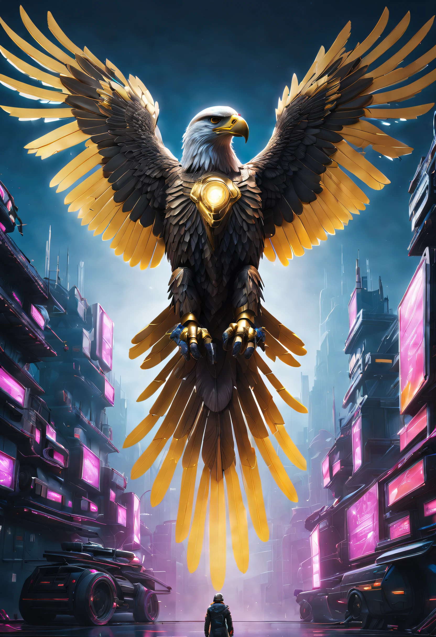 Mechanical Eagle Falcon,An eagle with mechanical wings of an eagle falcon stands in front of an alien city,Futuristic close-up of the Falcon,Golden Eagle Falcon,Huge wings glow, Beautiful and elegant King Falcon,The head is the head of an eagle,((best qualtiy)), ((tmasterpiece)), (high detal:1.3), 。.。.。.3D,(cyber punk perssonage:1.2) special ops, robbot,(Mechanicalweapon:1.1), Mechanical Eagle Falcon, raincoat, number (disguise: 1.3),Symmetrical epic fantasy art, hdr(HighDynamicRange), Ray traching, NVIDIA RTX, 超高分辨率, Unreal 5, sub surface scattering, PBR textures, post-proces, Anisotropic filtering, depth of fields, Maximum clarity and sharpness, Many-Layer Textures、Albedo and reflection maps、Surface coloring、Accurately simulate the interaction of light and materials、Ideal proportions、rendering by octane、bicolor lighting、largeaperture、Low ISO、White balance、trichotomy、8K raw data、Effective subpixels、sub-pixel convolution、 Symmetrical epic fantasy art, Fuchsia mechanical eagle falcon, Detailed digital 2D fantasy art, Epic fantasy art style HD, 8K fantasy art, King of Falcons