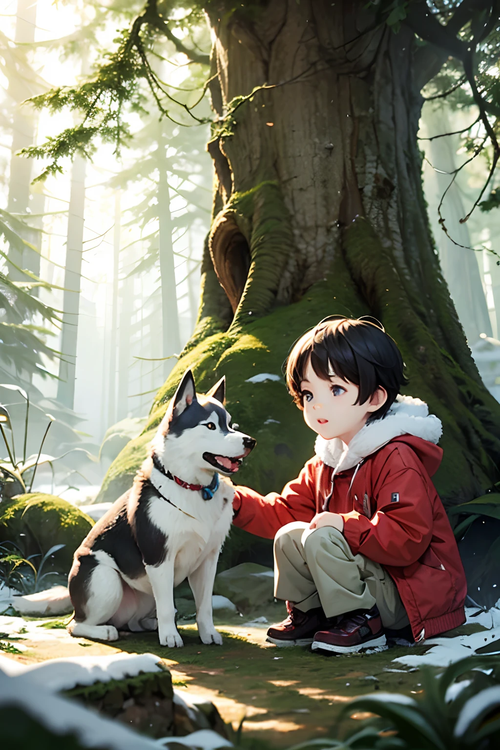 On a snowy day,A cute little boy in the forest, He has a husky, There is sunshine