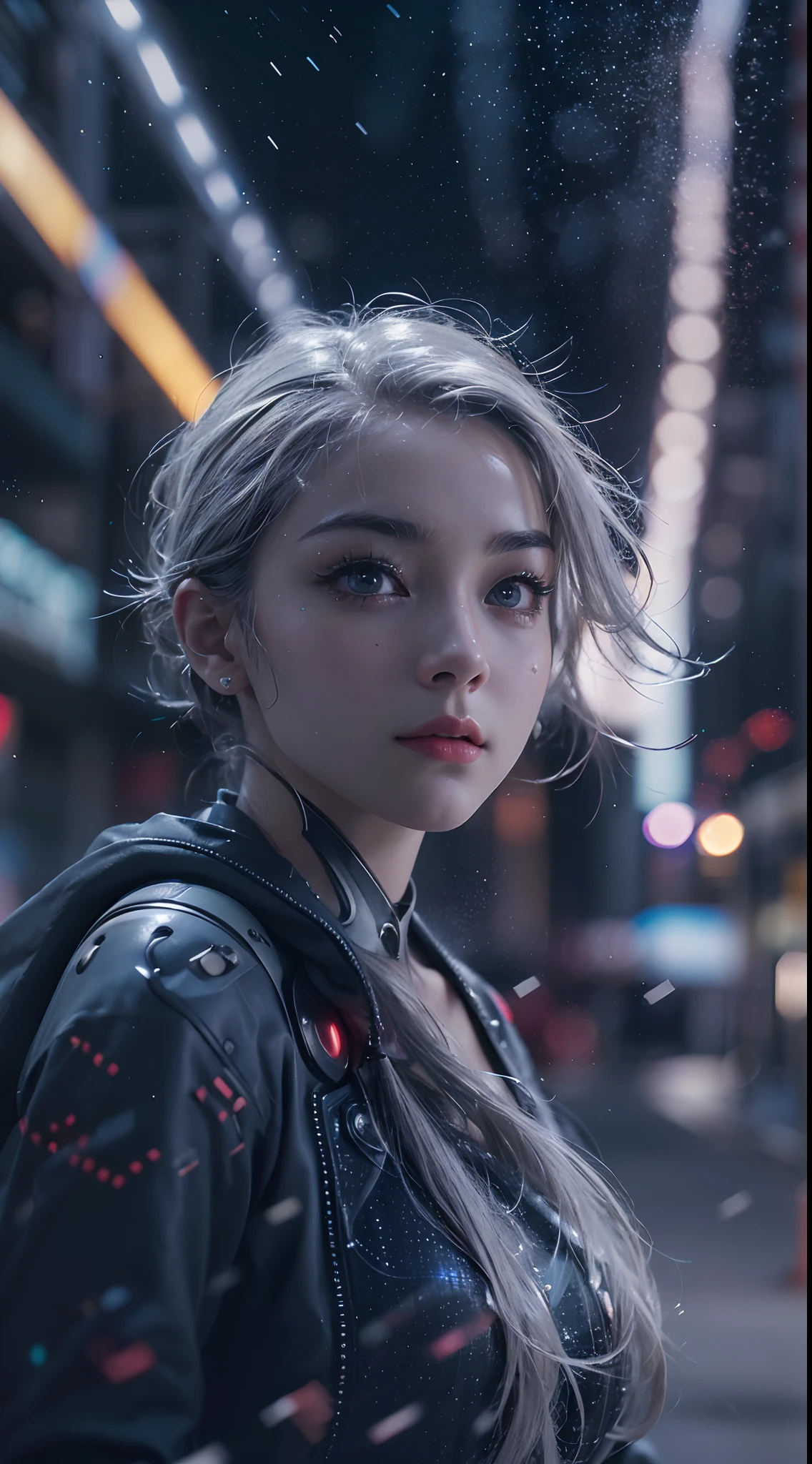 ((filmgrain, Bokeh, Light particles ,Dust particles, Extreme camera angles.)), Dynamic pose, Full body photo of a young attractive broken cyborg woman, eye brows up, Night, the street lights, Gray hair