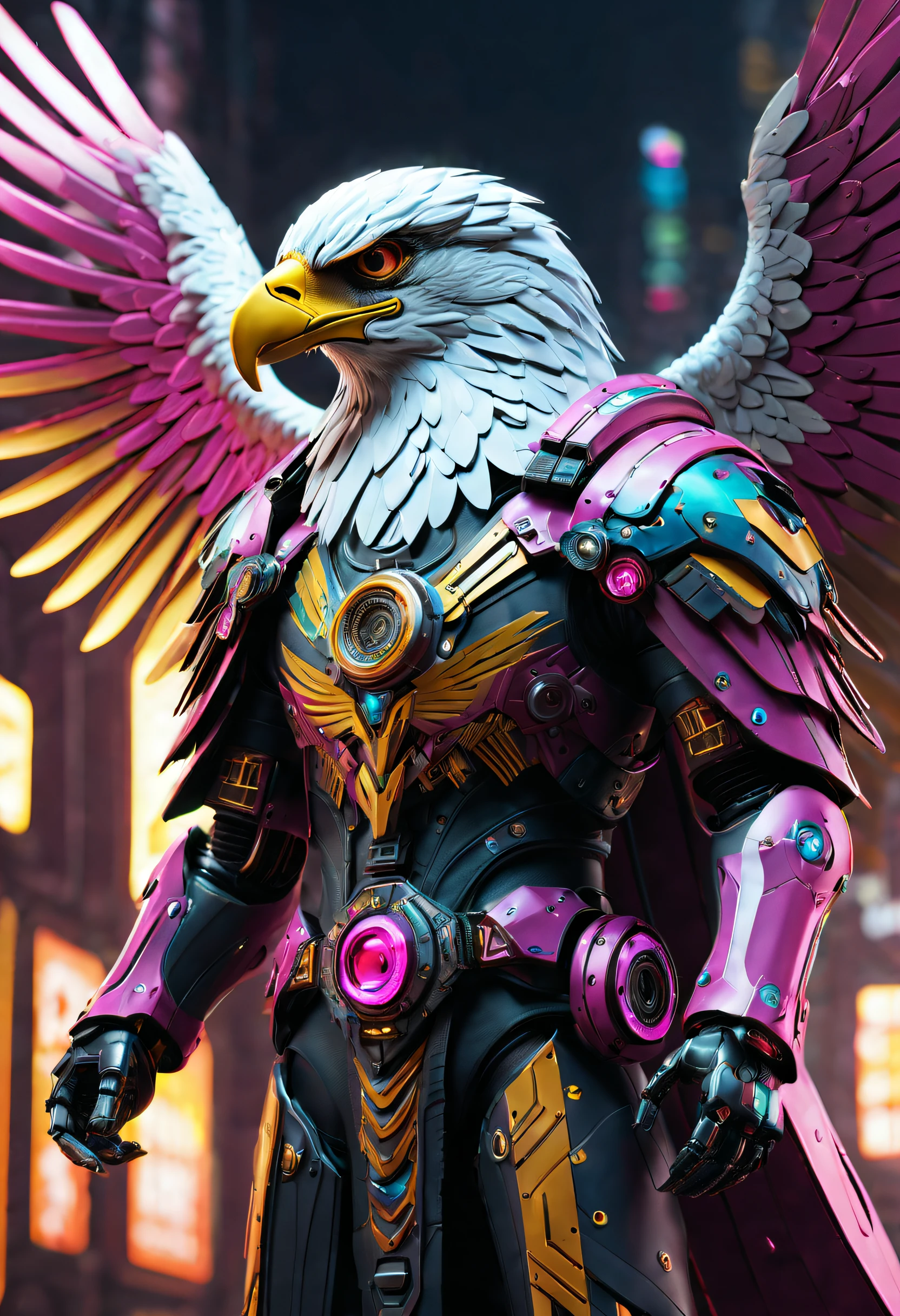 Mechanical Eagle Falcon，An eagle warrior with mechanical wings of an eagle falcon stands in front of an alien city,Futuristic close-up of the Falcon，Golden Eagle Falcon，Huge wings glow， Beautiful and elegant King Falcon,The head is the head of an eagle，（（best qualtiy））， （（tmasterpiece））， （high detal：1.3）， 。.。.。.3D，（cyber punk perssonage：1.2） special ops， robbot，（Mechanicalweapon：1.1）， Mechanical Eagle Falcon， raincoat， number （disguise： 1.3），Symmetrical epic fantasy art, hdr（HighDynamicRange）， Ray traching， NVIDIA RTX， 超高分辨率， Unreal 5， sub surface scattering， PBR textures， post-proces， Anisotropic filtering， depth of fields， Maximum clarity and sharpness， Many-Layer Textures、Albedo and reflection maps、Surface coloring、Accurately simulate the interaction of light and materials、Ideal proportions、rendering by octane、bicolor lighting、largeaperture、Low ISO、White balance、trichotomy、8K raw data、Effective subpixels、sub-pixel convolution、 Symmetrical epic fantasy art, Fuchsia mechanical eagle falcon, Detailed digital 2D fantasy art, Epic fantasy art style HD, 8K fantasy art, King of Falcons