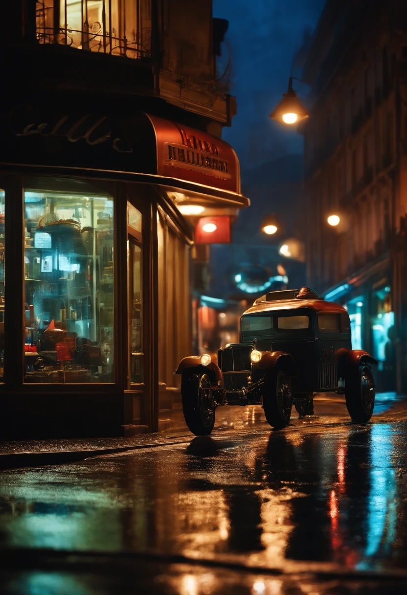 Calle de Paris noche, (acabado realista), ( Film Style Film Noir), A robot is looking at a car parts shop window, In the background we see more robots, it's raining,