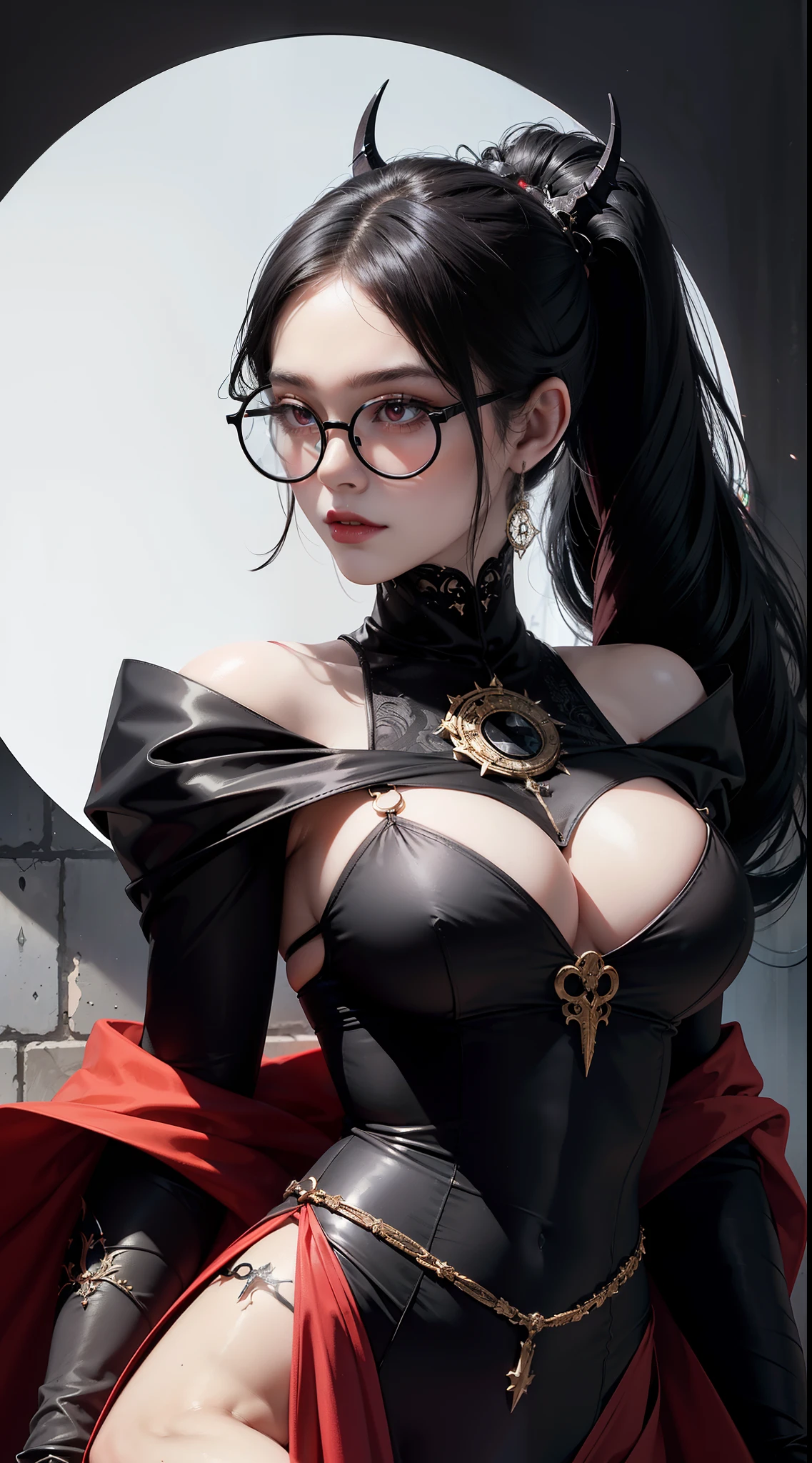 Evil Nun, ((((black-rimmed round glasses))))、Demon horn, Devil's wings on the head , His hands preparing purple energy spheres, devilish, Insidious, Lightning strikes the apocalyptic ruins of the city , Church of the Devil's Background、surreal female portraits by David Hockney and Alphonse Mucha, Fantasy Art, Chinese Doll, Photorealism, Dynamic lighting, art stations, poster for, Volumetric lighting, Intricate tattoos on the face with highly detailed details, demonic intricate tattoos, thigh tattoos, body tattoos, 8k ultra, Awarded, In the Dark, lowkey, cowboy lens, (Black Phoenix Dress: 1.0), Long hair, Black hair, Bust, Devil's Palace, devil crown, red eyes make up very sharp and detailed, The most beautiful face, a baby face、Seductive body、((((black-rimmed round glasses))))、 Super tight breasts, Breast augmentation surgery, The breasts are very big and round and round, Super realistic, Black Dark Magic Dress, Charming smile, The eyes are very well made up, ((Red Eye:1.0)), guweiz, devil style, wearing black mesh socks, Ponytail with a bow tied at the back of the hair, plump beautiful red lips, wearing a thin red and black robe, Hands pull the straps to expose sexy breasts, the landscape is overcast and thunderous, Beautiful female demon portrait, Protagonist Close-up、