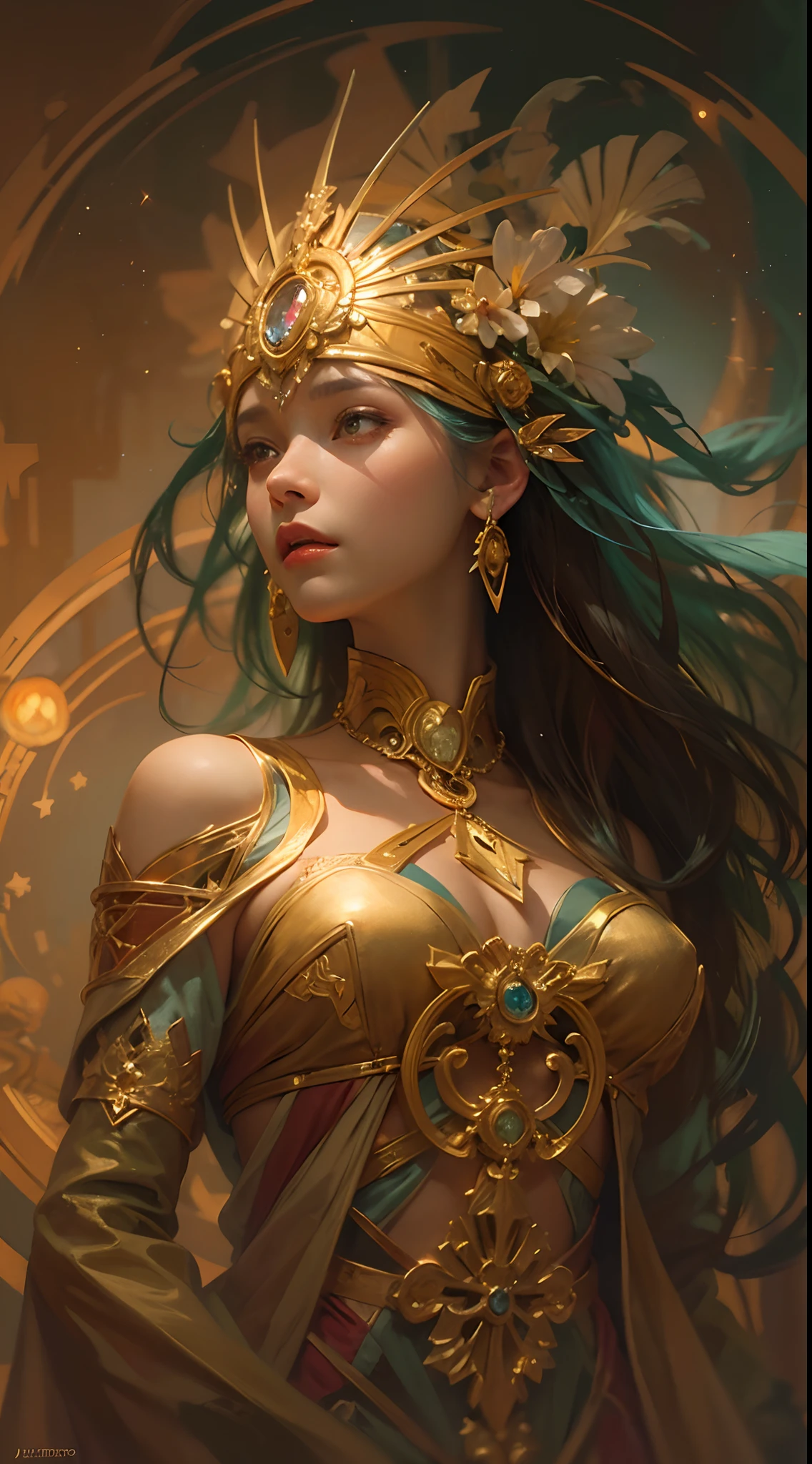 (Beautiful movie decoration goddess sand, Golden dress, Glowing gold tattoo), (Galactic shaman with quantum energy fantasy), Fantasy magic, Long hairstyle, dark light night, Intricate, Ethereal, Sharp focus, illustration, Highly detailed, Digital painting, concept-art, Mattire, (art by wlop), (author：Justin Gerard and Jason Edmiston: 1.5), (by Greg Rutkowski: 0.4), (by Alphonse Mucha: 0.4), Masterpiece