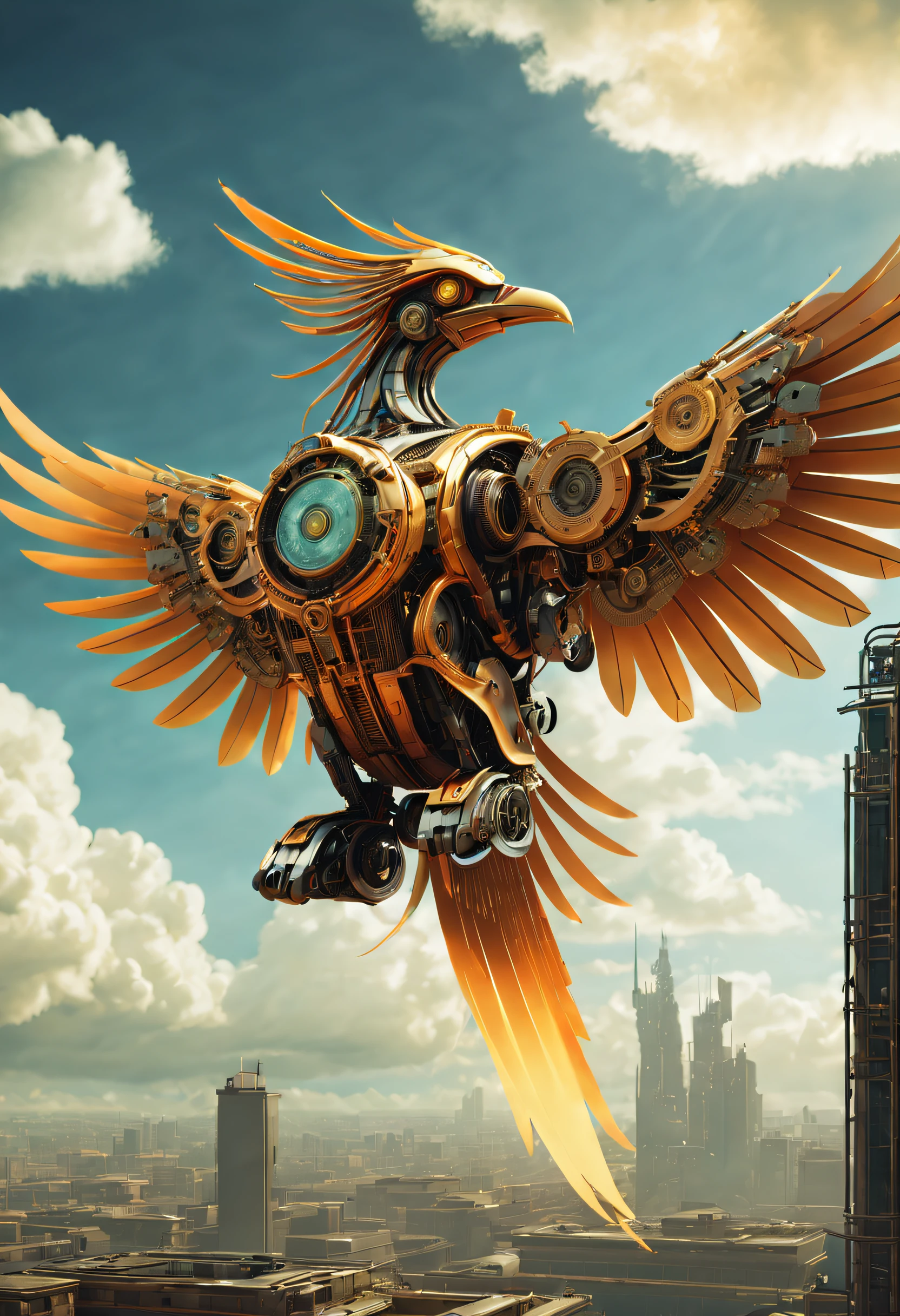 There is a mechanical phoenix flying in the clouds, Robotic birds, Mechanical birds, Futuristic machine Phoenix, Mechanical Phoenix, bionic scifi alexandre ferra, 3 d render beeple, Stylized urban fantasy artwork, Mechanical wings, the solarpunk phoenix, Phoenix F CG Society, digital steampunk art, ultra detailed Digital art，（（best qualtiy））， （（tmasterpiece））， （high detal：1.3）， 。.。.。.3D，（cyber punk perssonage：1.2） special ops， robbot，（Mechanicalweapon：1.1）， Mechanical Phoenix， raincoat， number （disguise： 1.3），Symmetrical epic fantasy art, hdr（HighDynamicRange）