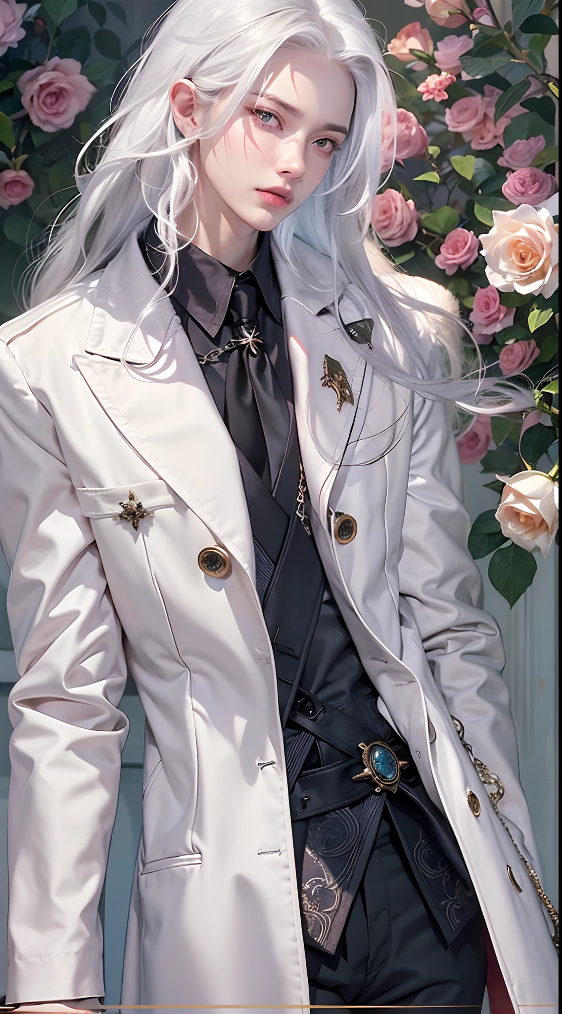 Masterpiece, Highest quality, (solofocus), (Perfect face:1.1), (High detail:1.1), (hyper detail eyes), Dramatic, One has pale skin，A guy with white hair, White eyes, Solo, Long hair, Sephiroth, Moon, Night, white luxury suit, covered navel, pouty lips, fur, Arrogant expression, Rose garden, Detailed background, Art germ, Cinematic lighting, rosette, Fashion, BalenciagaStyle