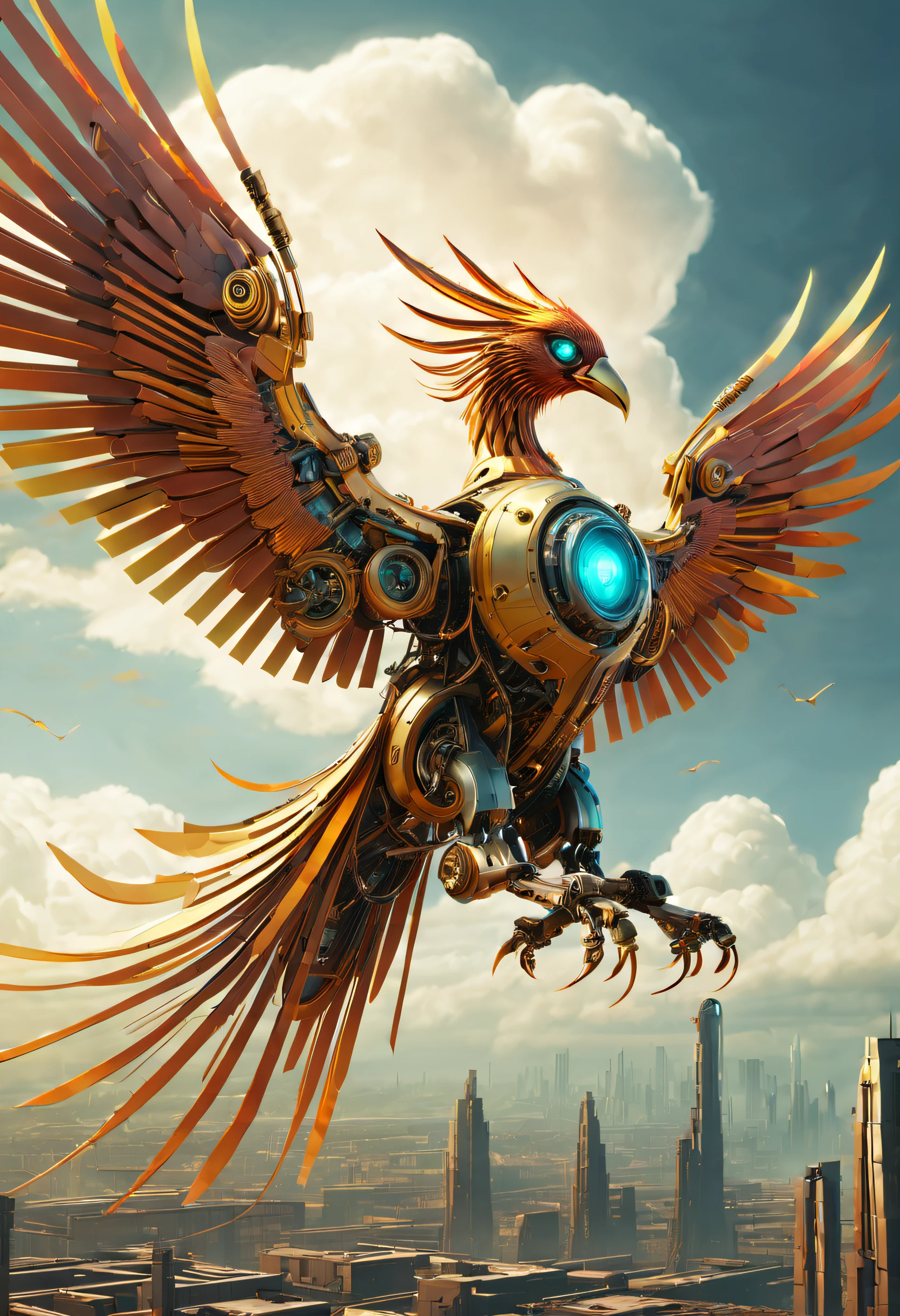 There is a mechanical phoenix flying in the clouds, Robotic birds, Mechanical birds, Futuristic machine Phoenix, Mechanical Phoenix, bionic scifi alexandre ferra, 3 d render beeple, Stylized urban fantasy artwork, Mechanical wings, the solarpunk phoenix, Phoenix F CG Society, digital steampunk art, ultra detailed Digital art，（（best qualtiy））， （（tmasterpiece））， （high detal：1.3）， 。.。.。.3D，（cyber punk perssonage：1.2） special ops， robbot，（Mechanicalweapon：1.1）， Mechanical Phoenix， raincoat， number （disguise： 1.3），Symmetrical epic fantasy art, hdr（HighDynamicRange）