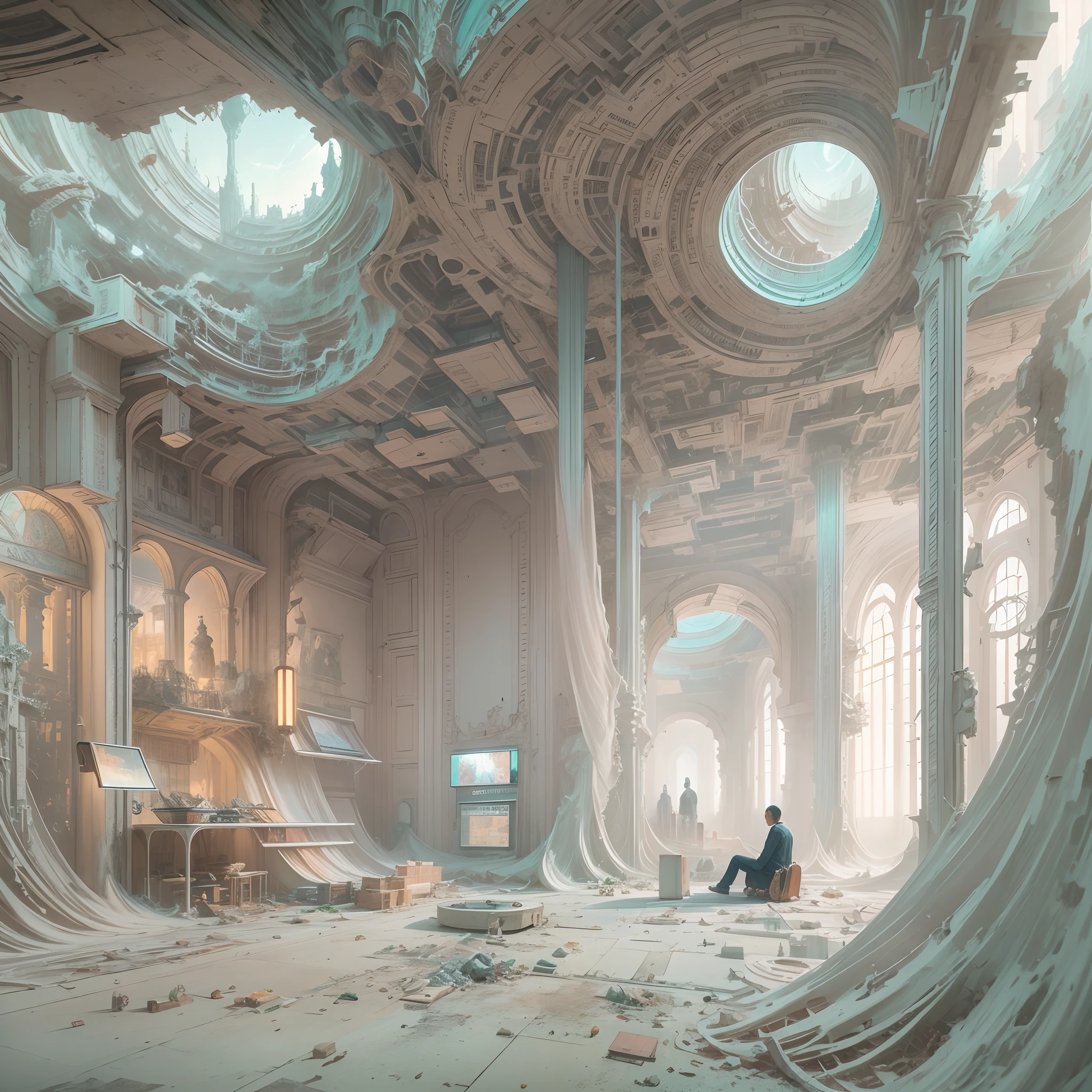 Self-deconstruction, hyperrealistic surrealism, dream-state,   an award winning masterpiece，The details are incredible, ZHANG Kechun, Surreal vapor waves ,  a liminal space, Highly detailed, Extremely detailed futurism, Cleveland, Ohio, Cinematic ,rim lit ,rendering by octane, wvebg1