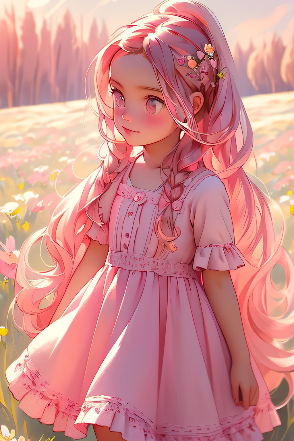 view full of an illustration of a beautiful ***********, beautiful big eyes, with long hair tied back, wearing a beautiful pink dress, looking at the camera, walking through a meadow with flowers, hummingbirds and butterflies.