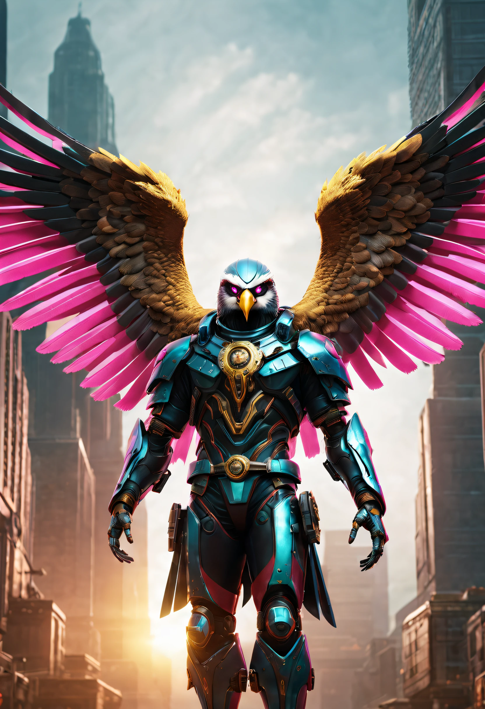 Eagle Falcon,Eagle head,Hawkeye,Eagle beak,eagle claws, An eagle warrior with mechanical wings of an eagle falcon stands in front of an alien city,Close-up of the eagle falcon,Huge wings glow, Beautiful and elegant King Falcon,The head is the head of an eagle,((best qualtiy)), ((tmasterpiece)), (high detal:1.3), 。.。.3D,(cyber punk perssonage:1.2) special ops, robbot,(Mechanicalweapon:1.1), Mechanical Eagle Falcon, raincoat, number (disguise: 1.3),Symmetrical epic fantasy art, hdr(HighDynamicRange), Ray traching, NVIDIA RTX, 超高分辨率, Unreal 5, sub surface scattering, PBR textures, post-proces, Anisotropic filtering, depth of fields, Maximum clarity and sharpness, Many-Layer Textures、Albedo and reflection maps、Surface coloring、Accurately simulate the interaction of light and materials、Ideal proportions、rendering by octane、bicolor lighting、largeaperture、Low ISO、White balance、trichotomy、8K raw data、Effective subpixels、sub-pixel convolution、 Symmetrical epic fantasy art, Fuchsia mechanical eagle falcon, Detailed digital 2D fantasy art, Epic fantasy art style HD, 8K fantasy art, King of Falcons