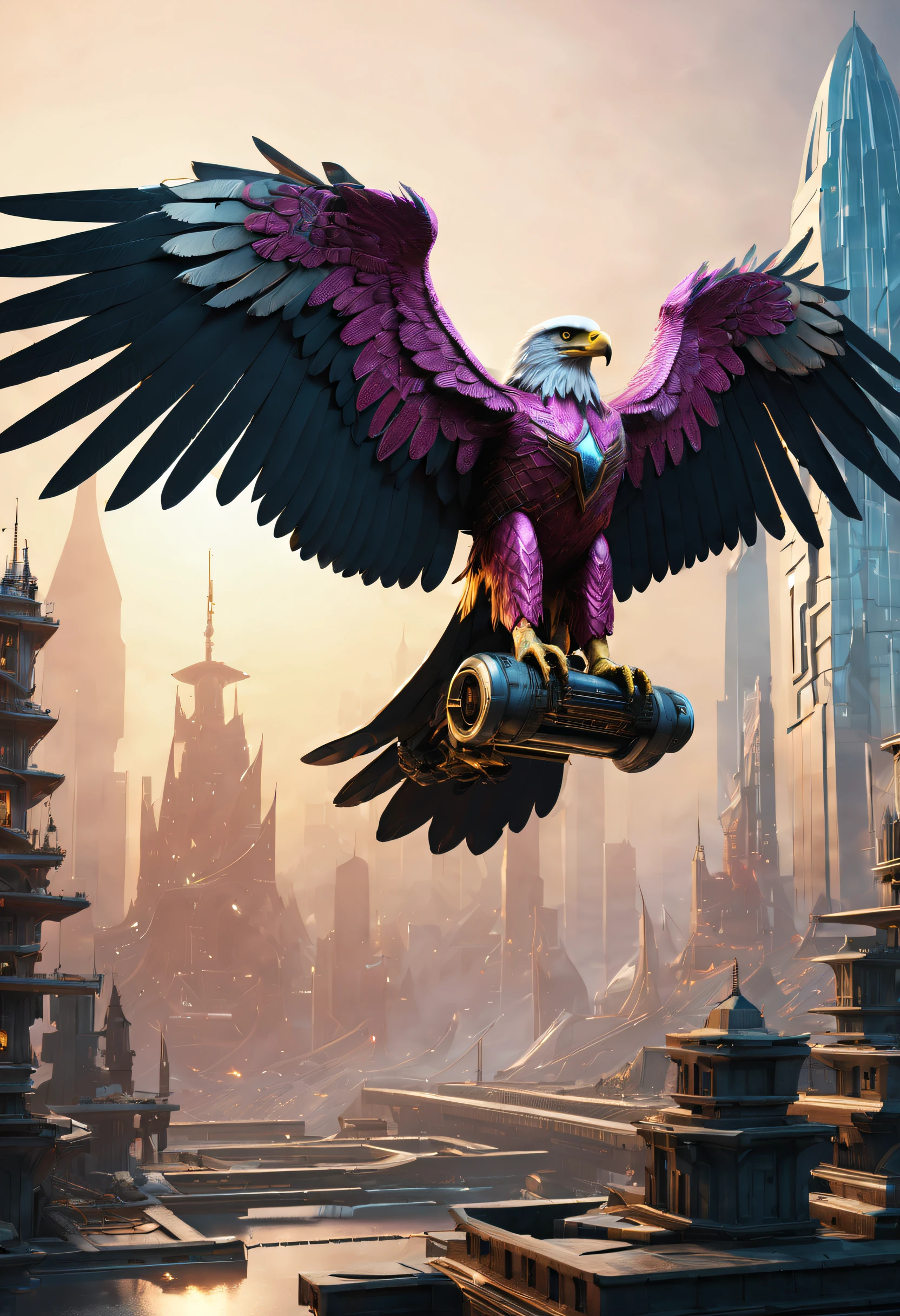 Eagle Falcon,Eagle head,Hawkeye,Eagle beak,eagle claws, An eagle warrior with mechanical wings of an eagle falcon stands in front of an alien city,Close-up of the eagle falcon,Huge wings glow, Beautiful and elegant King Falcon,The head is the head of an eagle,((best qualtiy)), ((tmasterpiece)), (high detal:1.3), 。.。.3D,(cyber punk perssonage:1.2) special ops, robbot,(Mechanicalweapon:1.1), Mechanical Eagle Falcon, raincoat, number (disguise: 1.3),Symmetrical epic fantasy art, hdr(HighDynamicRange), Ray traching, NVIDIA RTX, 超高分辨率, Unreal 5, sub surface scattering, PBR textures, post-proces, Anisotropic filtering, depth of fields, Maximum clarity and sharpness, Many-Layer Textures、Albedo and reflection maps、Surface coloring、Accurately simulate the interaction of light and materials、Ideal proportions、rendering by octane、bicolor lighting、largeaperture、Low ISO、White balance、trichotomy、8K raw data、Effective subpixels、sub-pixel convolution、 Symmetrical epic fantasy art, Fuchsia mechanical eagle falcon, Detailed digital 2D fantasy art, Epic fantasy art style HD, 8K fantasy art, King of Falcons