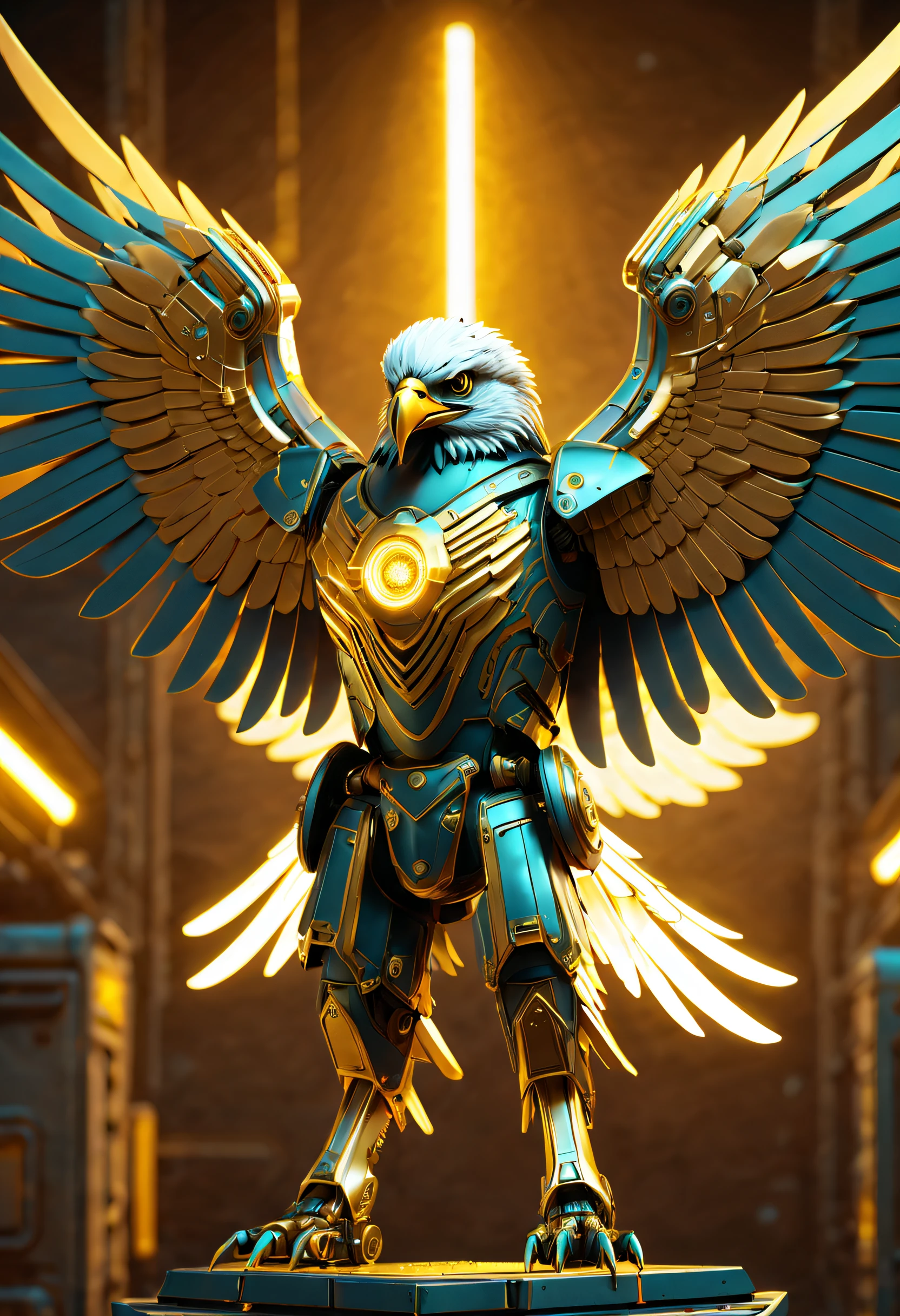 Futuristic mechanical eagle falcon,Image of a mechanical eagle falcon in Alfide,There are glowing golden wings, Eagle falcon in metal armor, dan munford. 8 k octane render, mech wings, dan munford. Maya rendering, Neon wings, dan munford. rendering by octane, sci fi epic digital art, heroes of the storm splash art, dan mumford tom bagshaw, high definition cgsociety
