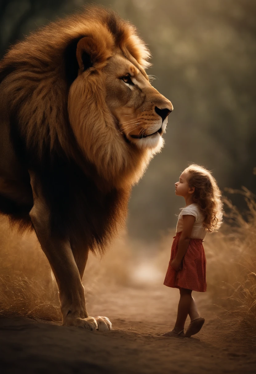 A lion and a girl, Girl near the lion Cinematic and realistic image with a very detailed environment