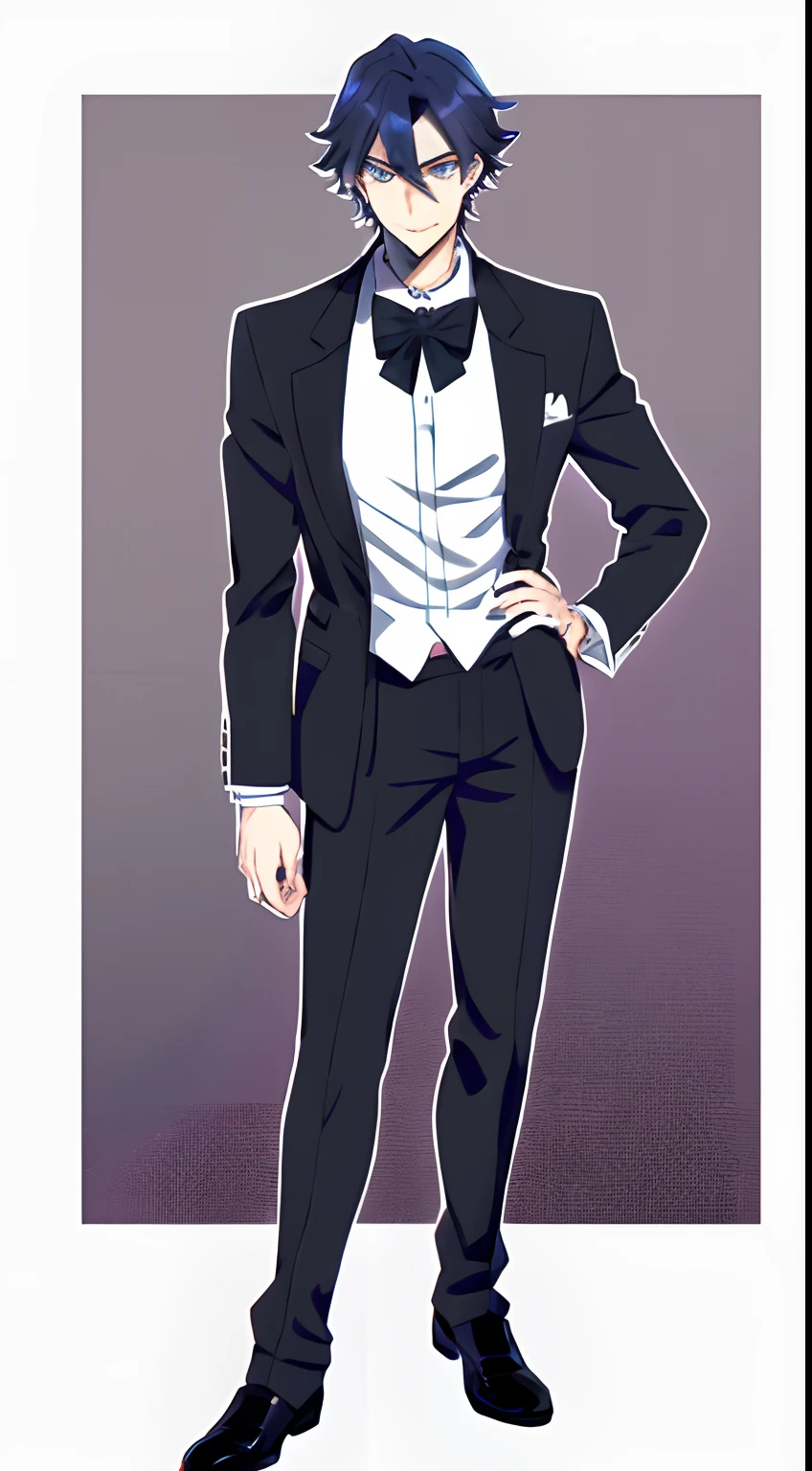 Man in tuxedo with bow tie and black shirt, handsome guy in demon slayer art, Anime handsome, Tall anime guy with blue eyes, anime portrait of a handsome man, Tsurumaki Kazuya, beautiful androgynous prince, Male anime character, delicate androgynous prince, handsome anime pose, Young anime man, Men's Anime Style