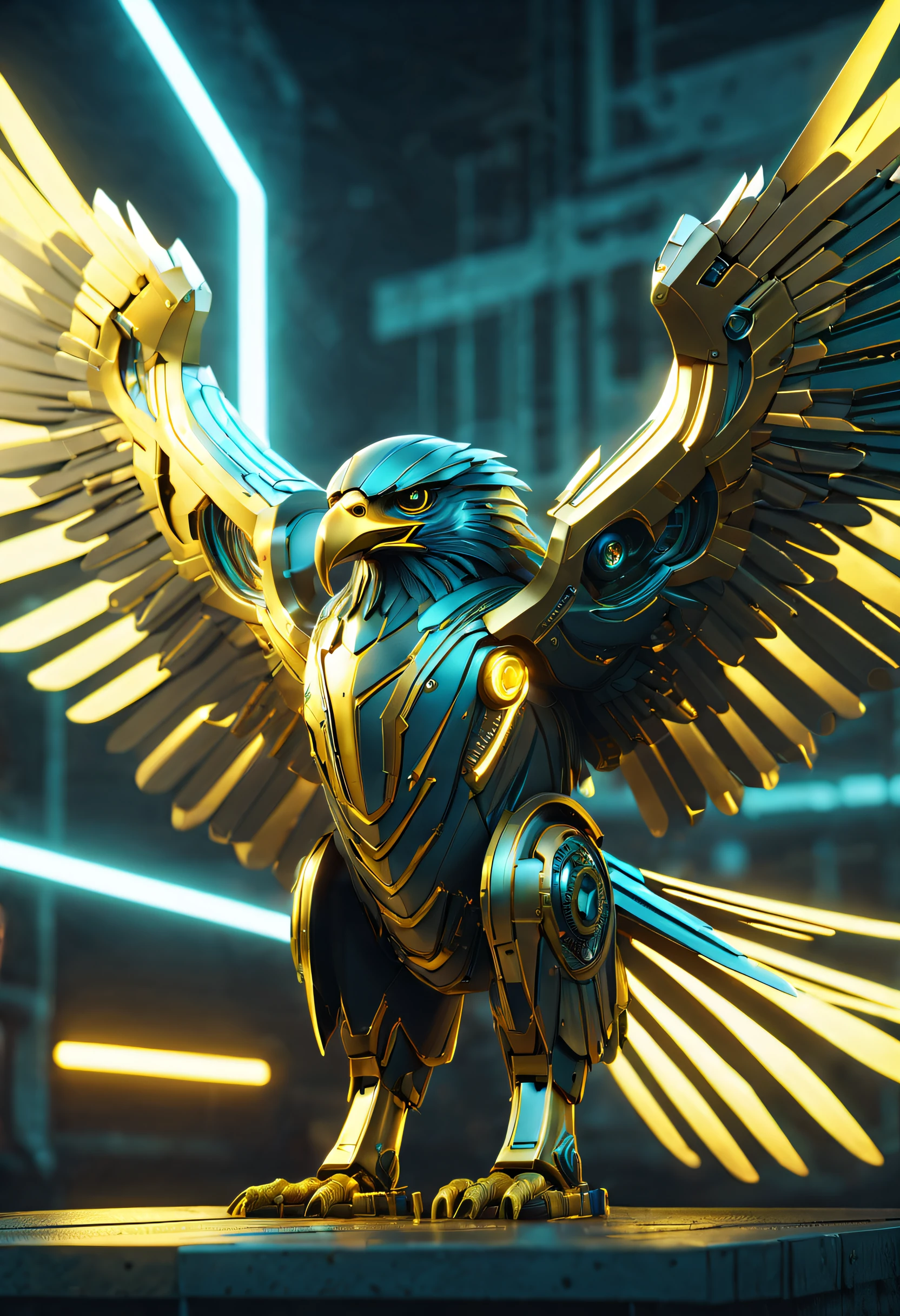 Futuristic mechanical eagle falcon,Image of a mechanical eagle falcon in Alfide,There are glowing golden wings, Eagle falcon in metal armor, dan munford. 8 k octane render, mech wings, dan munford. Maya rendering, Neon wings, dan munford. rendering by octane, sci fi epic digital art, heroes of the storm splash art, dan mumford tom bagshaw, high definition cgsociety
